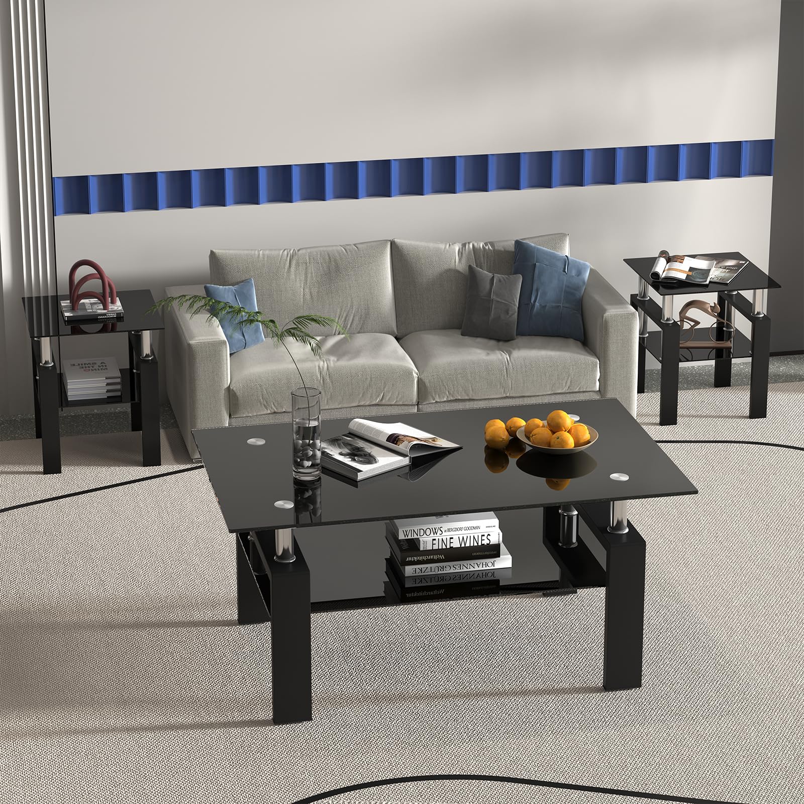 Modern Black Glass Coffee Table Set - 3 Piece Living Room Furniture with Metal Frame & Tempered Glass (1 Coffee Table + 2 End Tables) - Perfect for Small Spaces, Apartments, Home Offices - Ideal for Living Room Decor, Family Gatherings & TV Lounge Areas