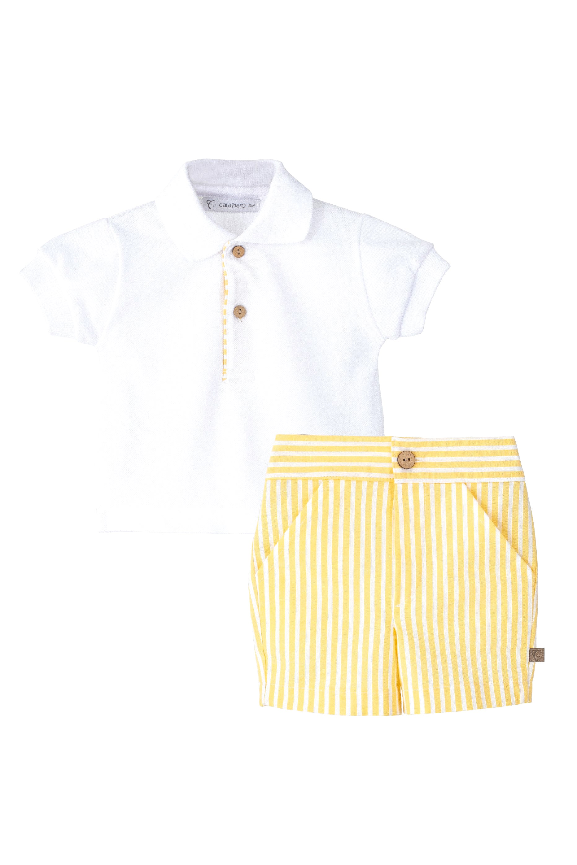Victor White Polo Shirt & Lemon Striped Shorts - Men's Casual Summer Outfit for Golf, Beach, and Outdoor Activities