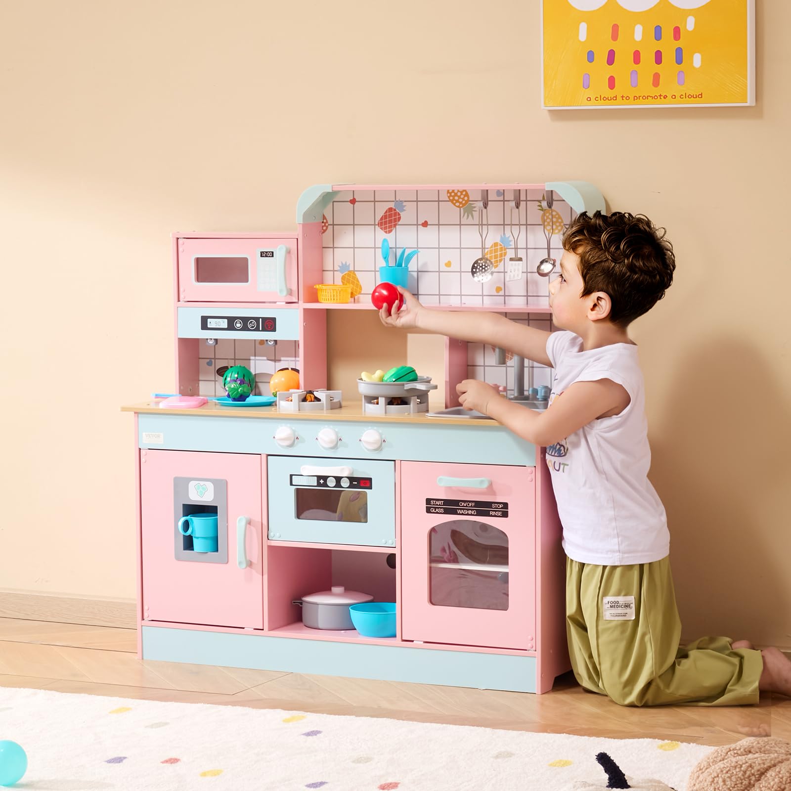 VEVOR Wooden Play Kitchen Toy for Kids Ages 3-8 - Interactive Pretend Play Set with Lights, Sounds, Ice Maker, Oven, Sink, Microwave & Fridge - Includes Utensils & Fruit Accessories - Perfect for Imaginative Play, Role-Playing & Early Learning (Pink)