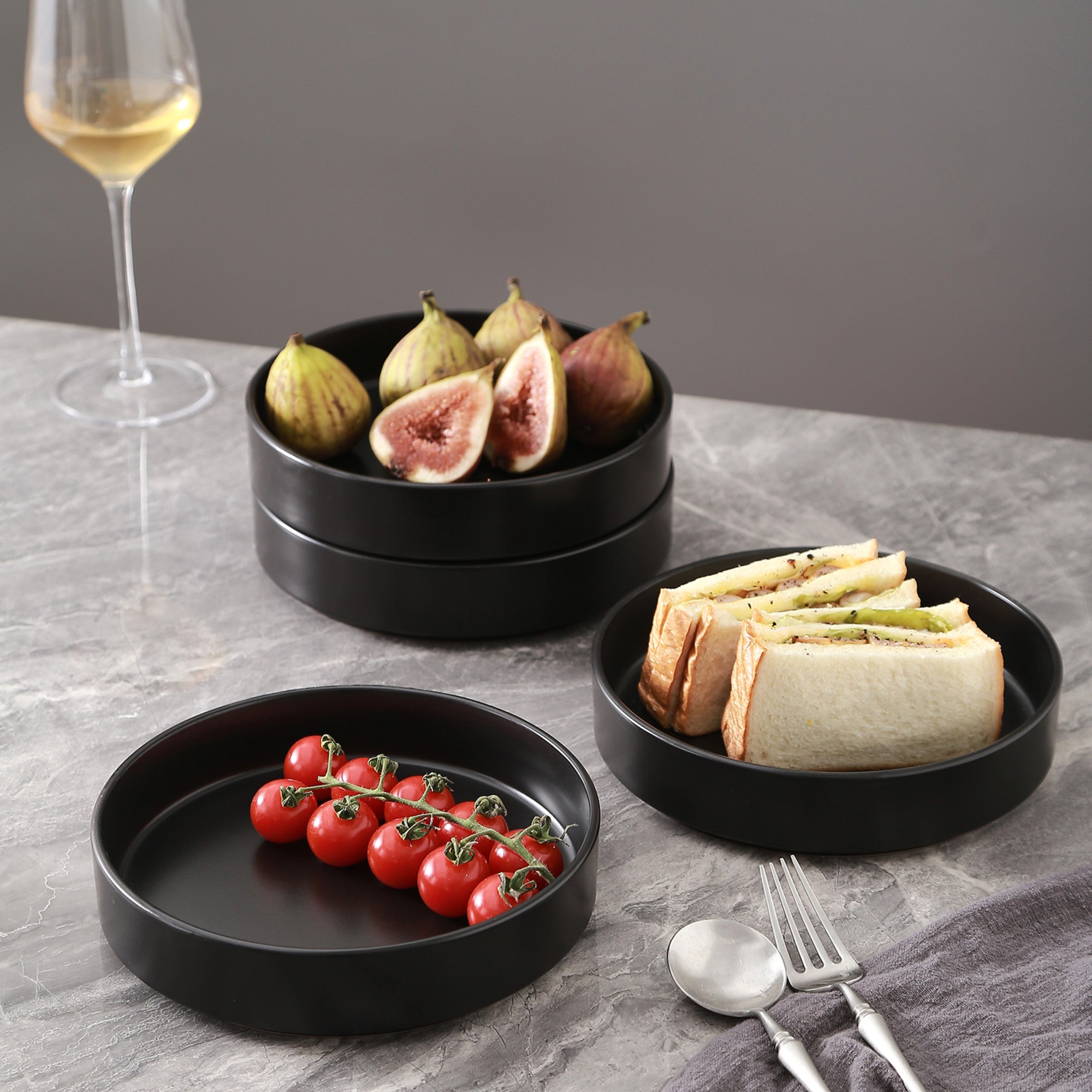 Premium Celina Stoneware 4-Piece 8-Inch Pasta Bowl Set - Elegant Black Dinnerware for Italian Cuisine | Perfect for Spaghetti, Salad & Family Dining
