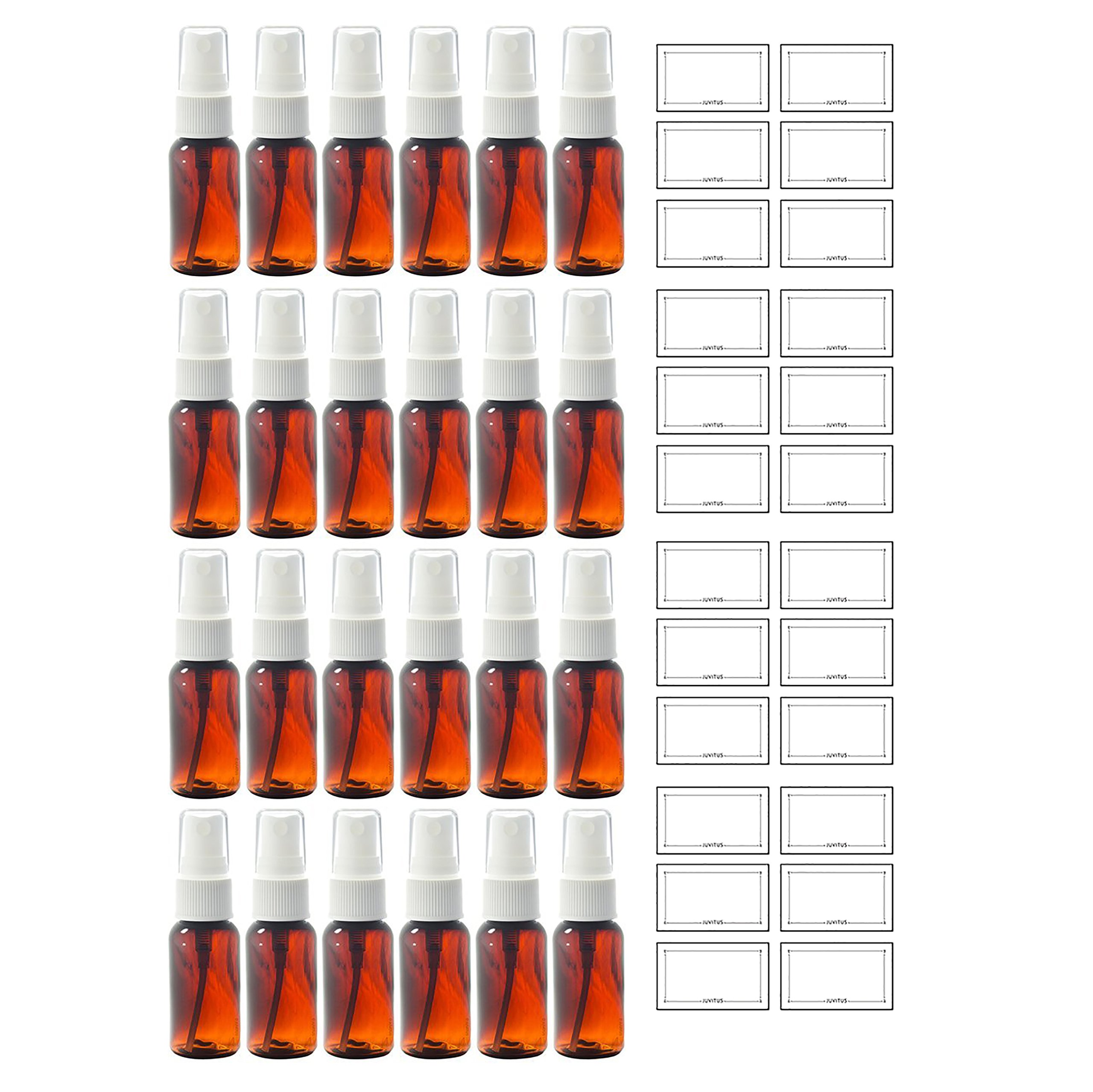 1 oz Amber Boston Round PET Bottles (BPA Free) with White Fine Mist Sprayer - 24 Pack with Labels - Perfect for Essential Oils, DIY Beauty Products & Travel-Sized Liquids