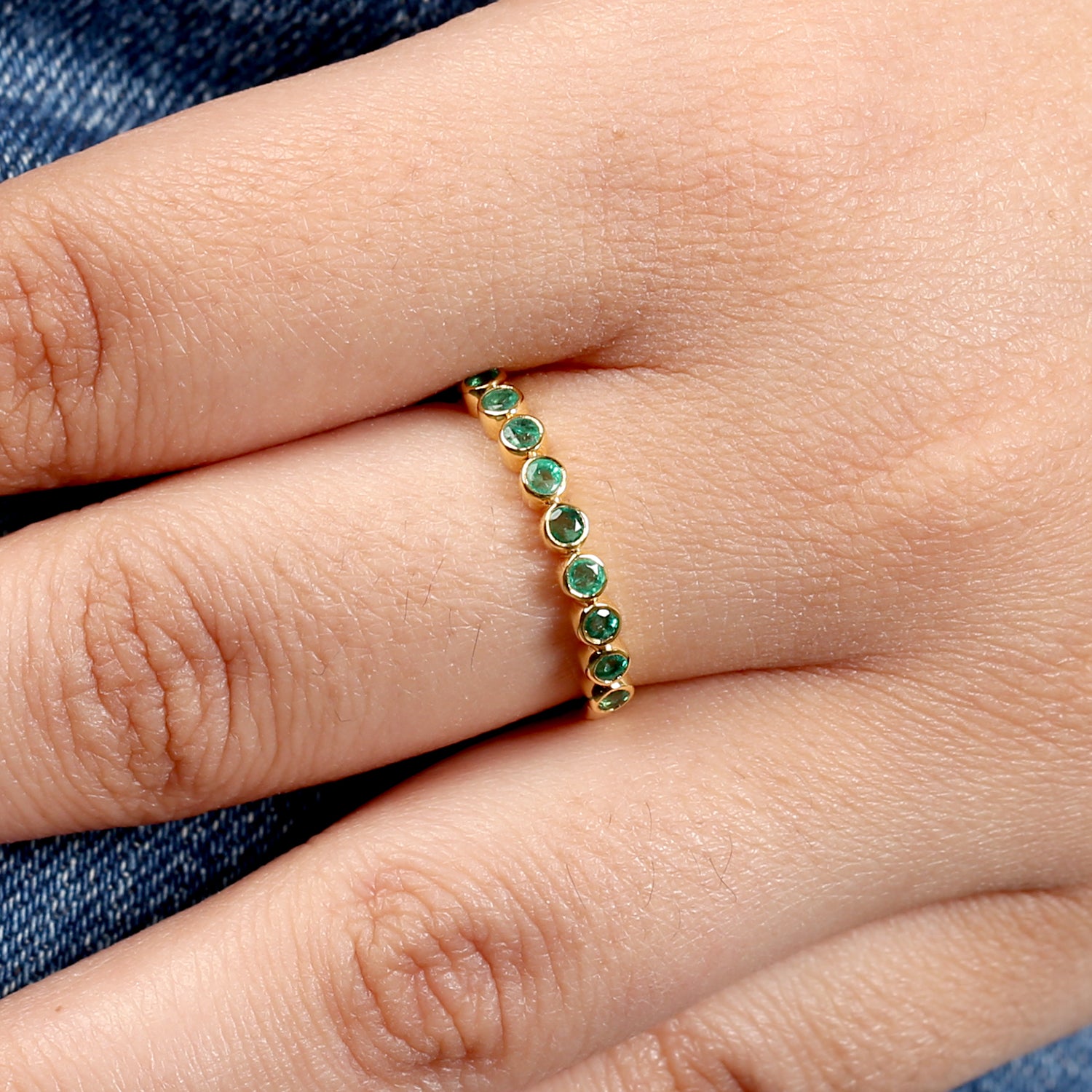 18K Yellow Gold Emerald Gemstone Half Eternity Band Ring - Elegant Wedding, Anniversary & Special Occasion Jewelry Gift