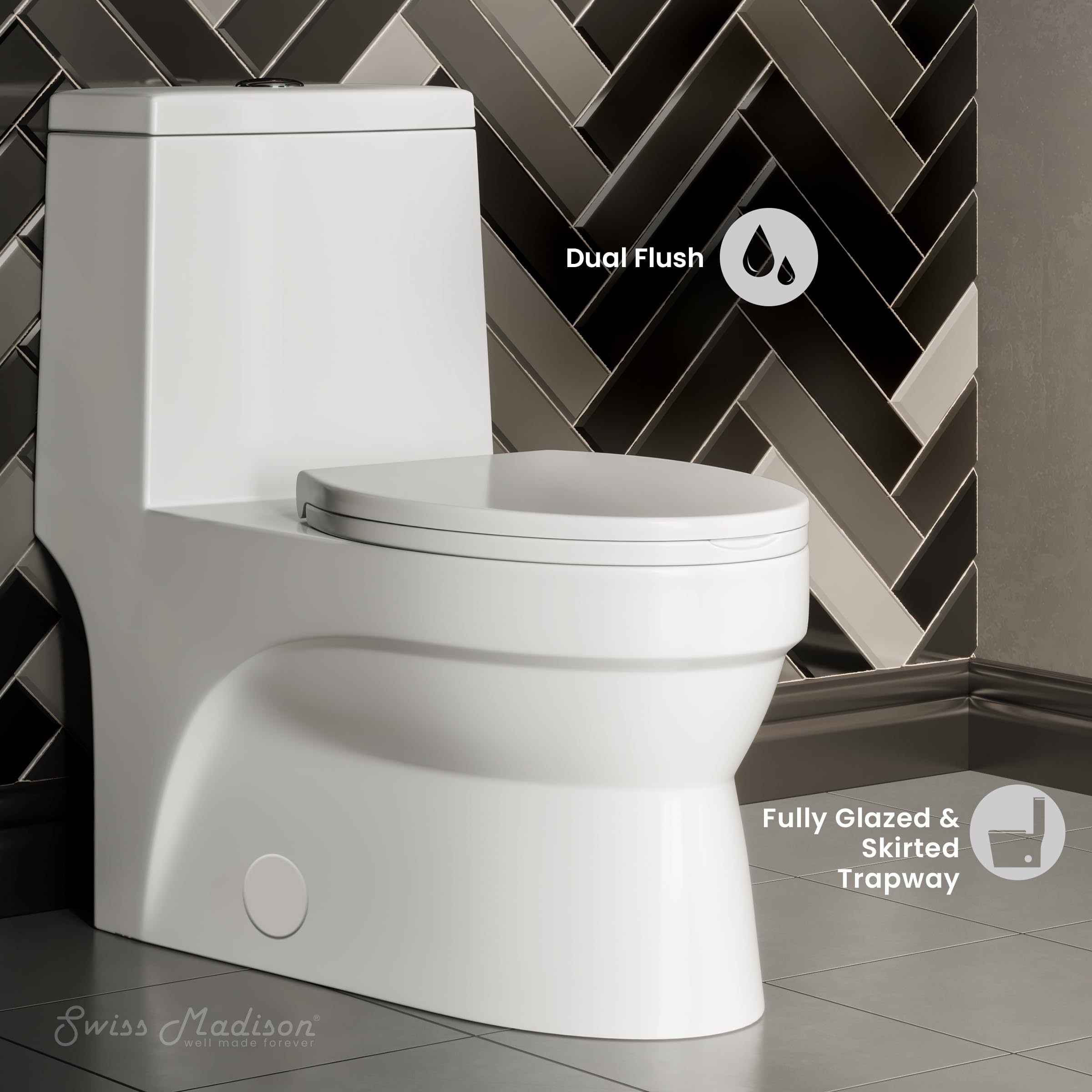 Swiss Madison SM-1T118 Virage One Piece Elongated Dual Flush Toilet 0.8/1.28 GPF - High Efficiency Water Saving Design - Glossy White - Perfect for Modern Bathrooms & Small Spaces