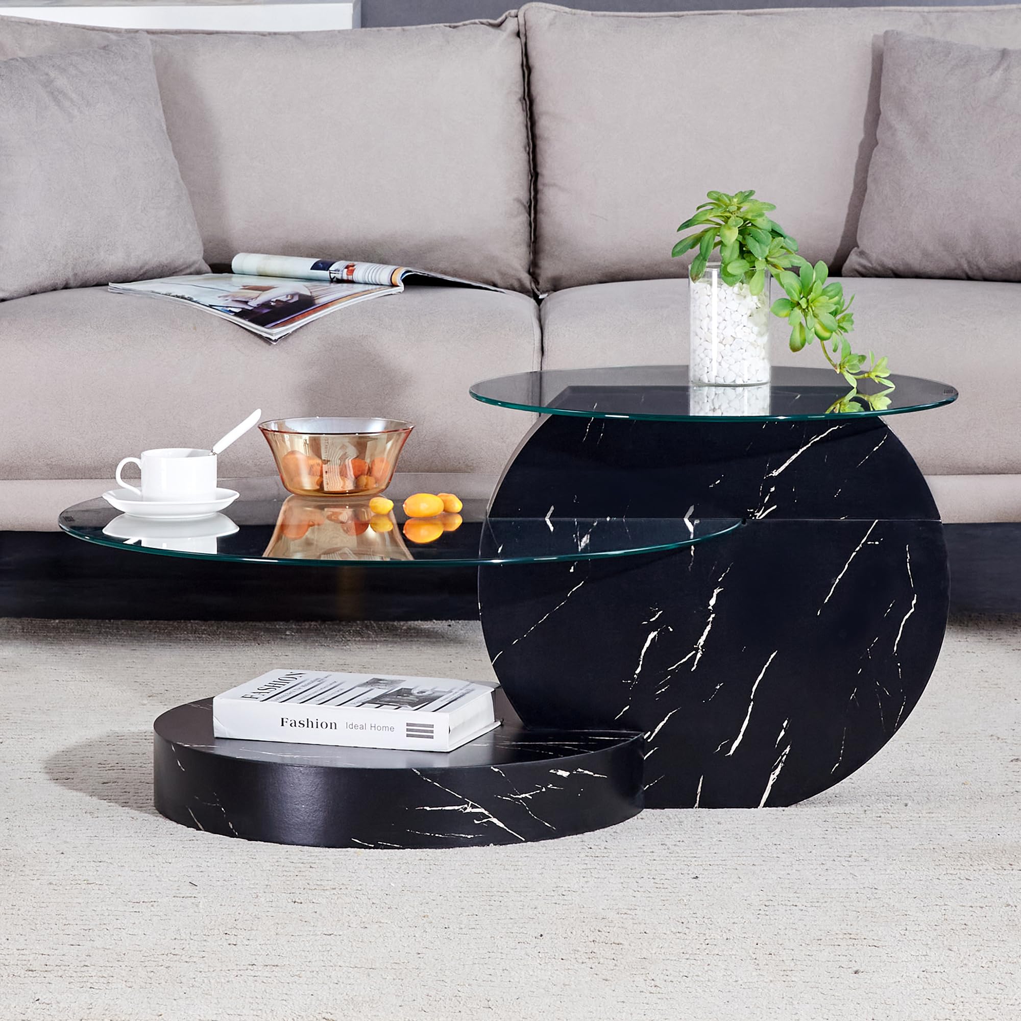 Modern Round Glass Coffee Table - 35.4 Inch Double Layer Black Circle Table for Living Room, Small Space & Home Office | Perfect for Entertaining Guests & Relaxing with Coffee