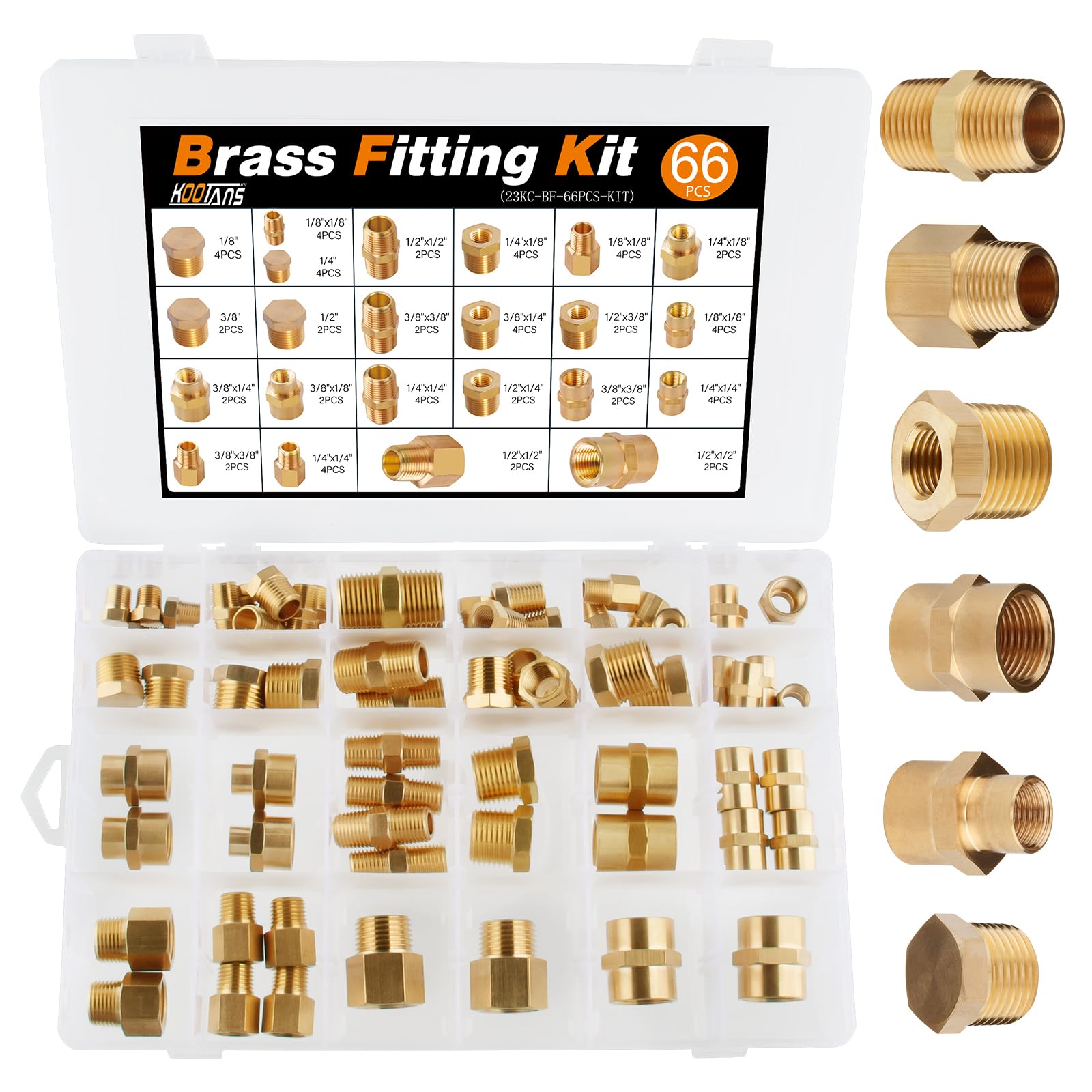 KOOTANS 66pcs Brass Pipe Fittings Assortment Kit - NPT Adapters, Reducer Bushings, Hex Nipples, Reducing Couplings & Plugs for Plumbing, HVAC & DIY Projects