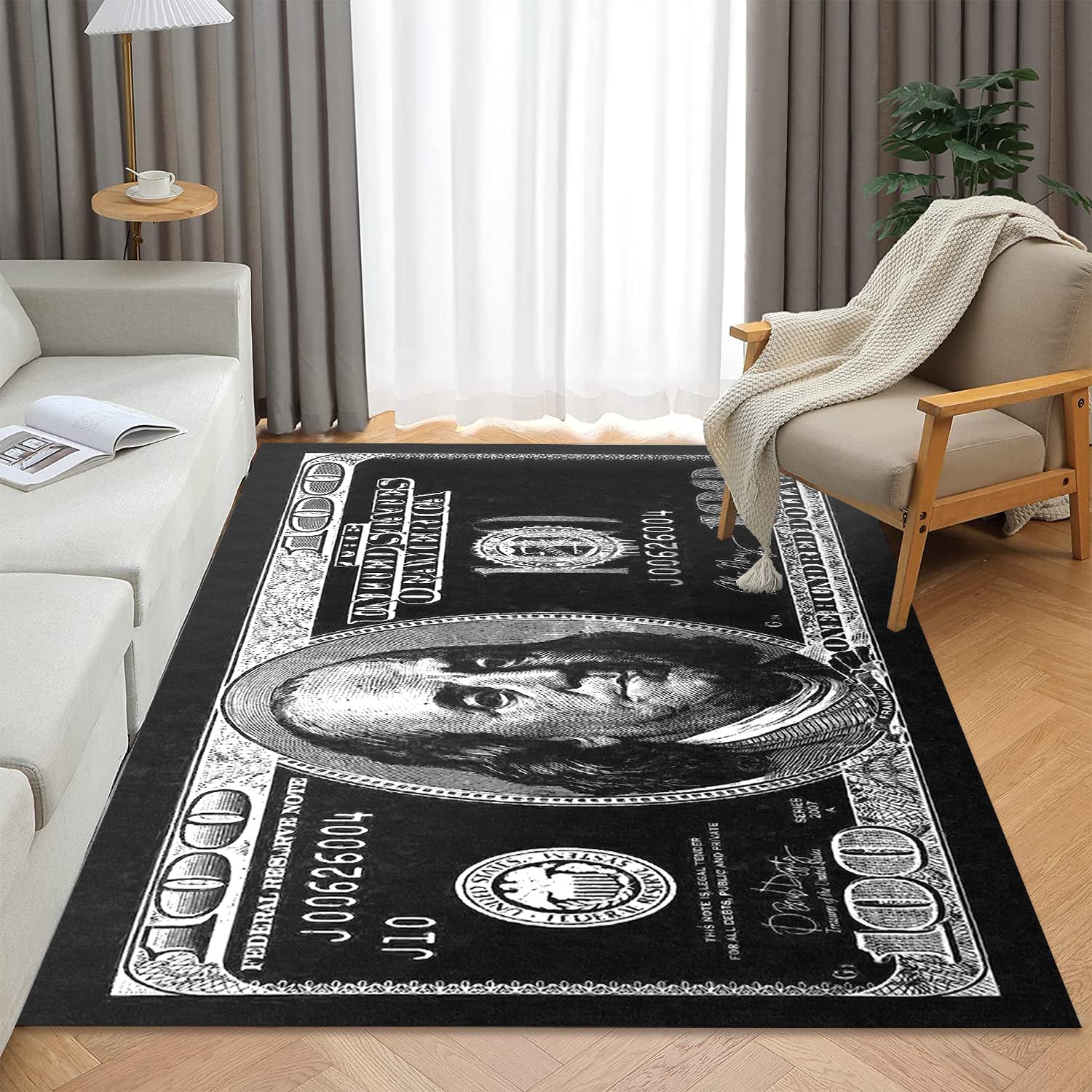 4x6 Non-Slip Dollar Bill Area Rug - Black & White Money Design Washable Carpet for Living Room, Bedroom, Office & Dining Room | Modern Decor for Men's Space (47x71 Inches) | Perfect for Home Decor, Gifts & Themed Parties