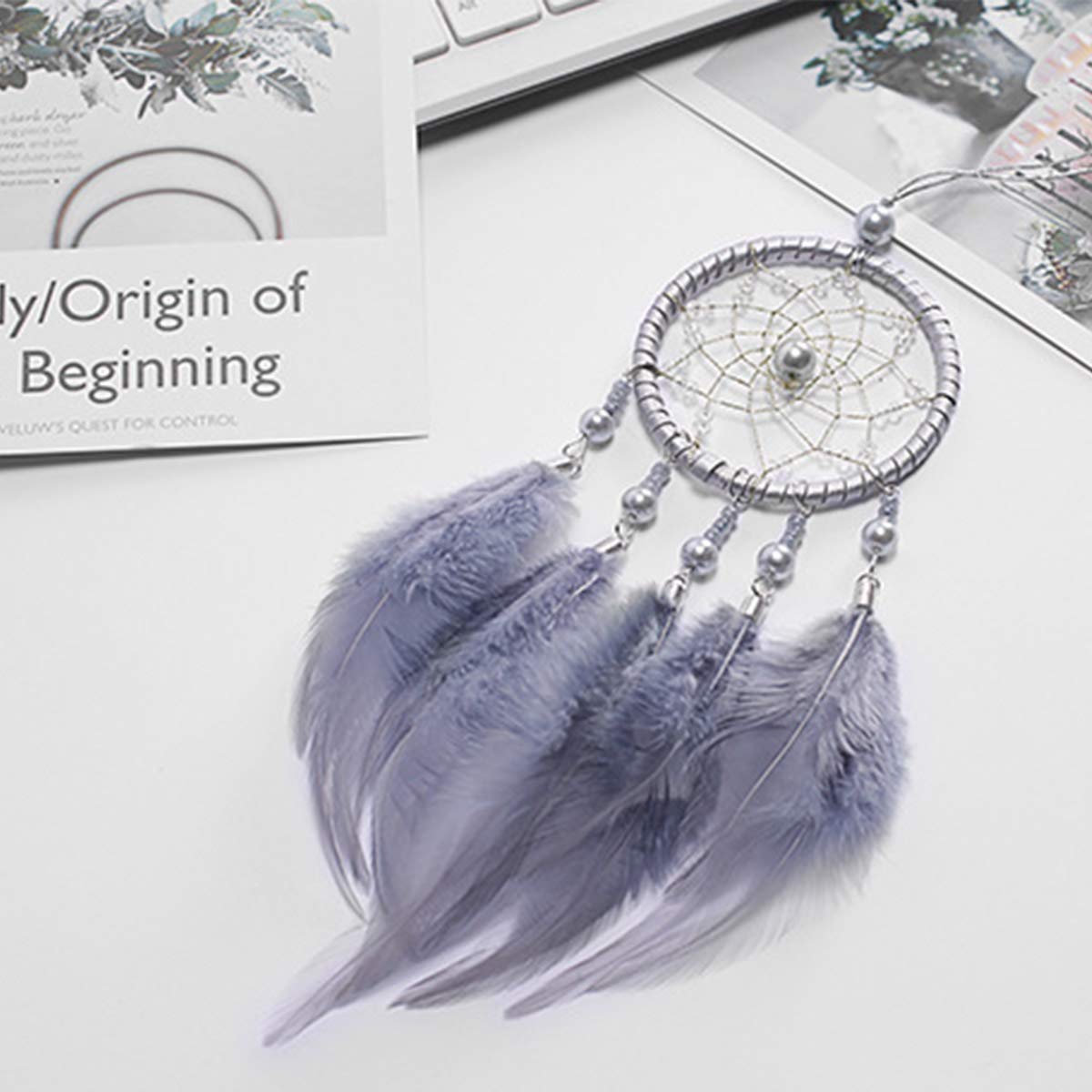 Feather Dream Catcher Car Charm Pendant - Gray Interior Rearview Hanging Decor for Car, Bedroom, and Wall - Enhance Your Space with Stylish Dream Catcher Accessories