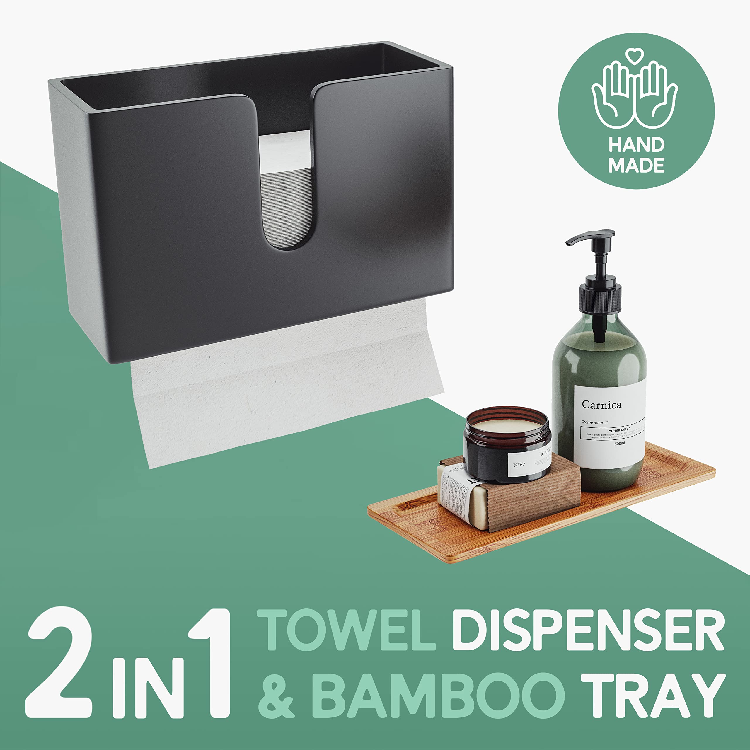 Eco-Friendly Bamboo Paper Towel Dispenser with Removable Tray - Wall Mount & Countertop Holder for C-Fold/Z-Fold/Tri-Fold Towels - Perfect for Commercial Kitchens, Restaurants & Bathrooms - Durable Black Design