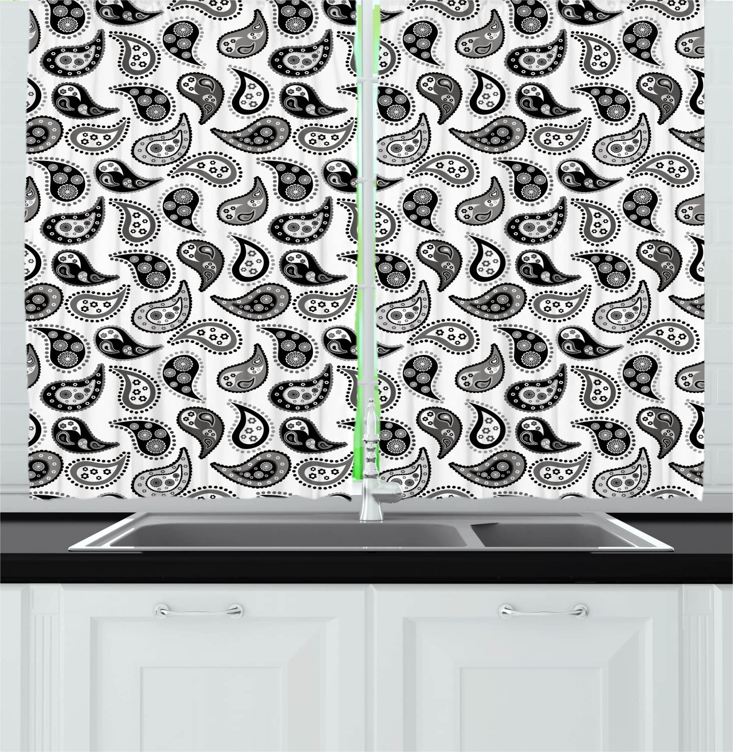 Ambesonne Paisley Long Kitchen Curtains - Floral Circle & Teardrop Design, Grey & Black Window Drapes with Rod Pocket (55