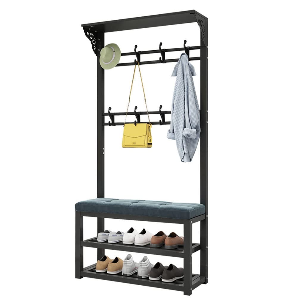 3-in-1 Entryway Hall Tree Bench with 2-Tier Shoe Storage, Seat Cushion & Coat Hooks - Space Saving Shoe Rack Organizer for Bedroom, Hallway, Living Room - Perfect for Small Apartments & Entryway Organization