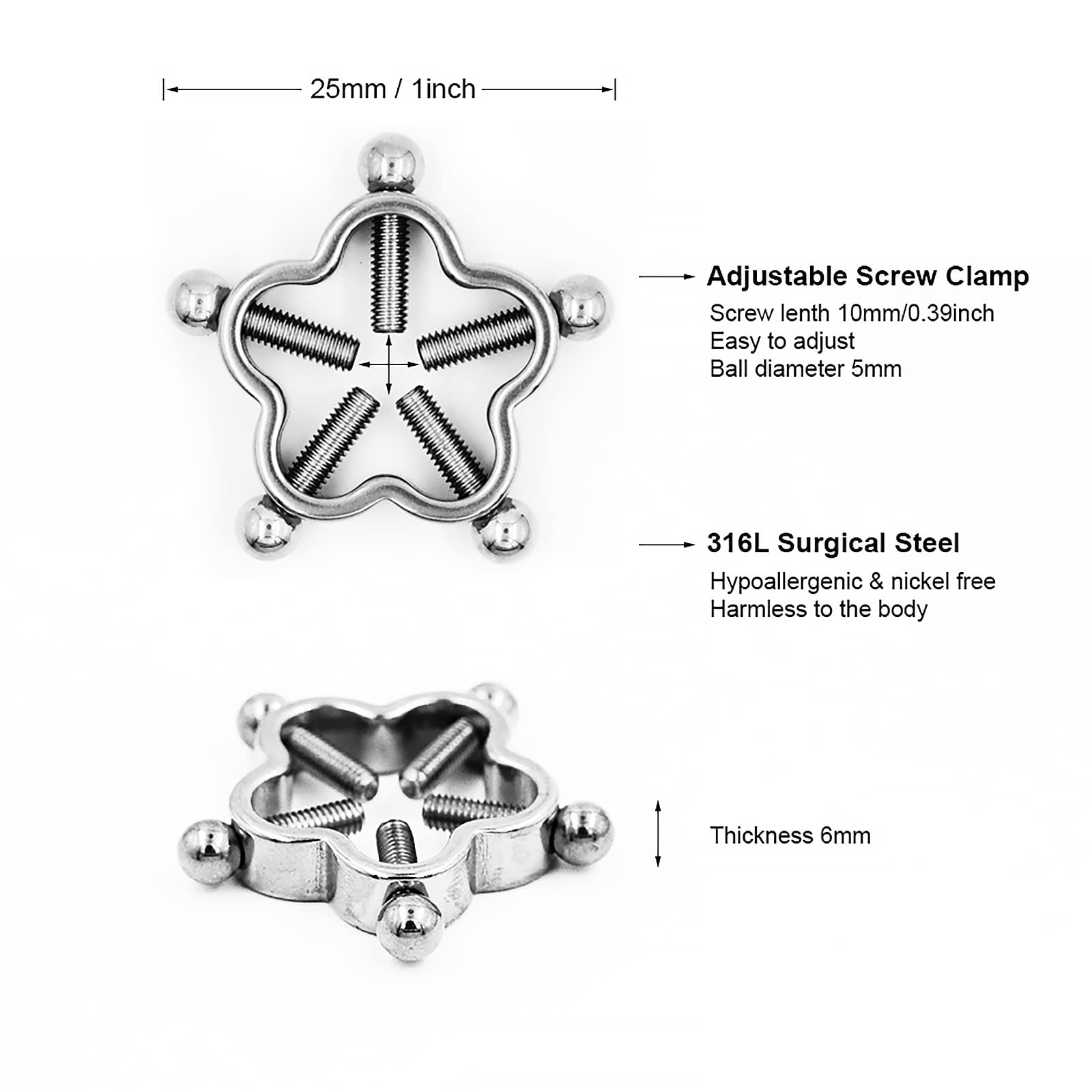 Faux Nipple Rings Non-Piercing Clamps - Adjustable Stainless Steel for Sensual Play