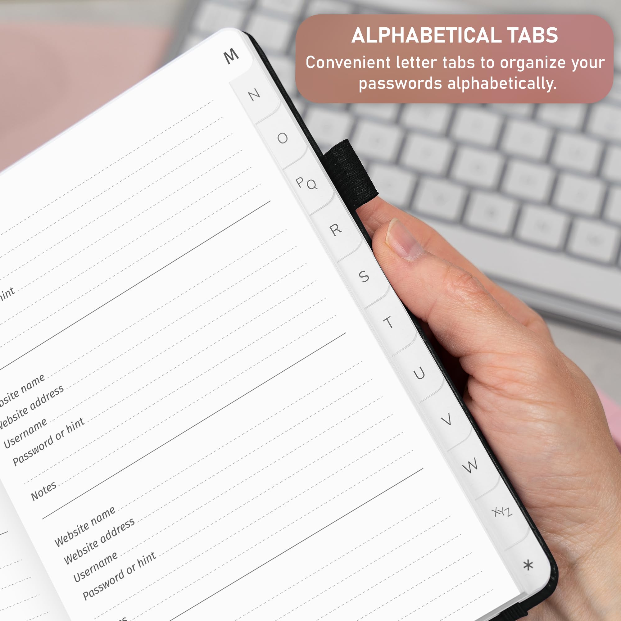 GoGirl Password Organizer with Alphabetical Tabs - Internet Address & Password Logbook for Secure Online Account Management, Medium Size 5.3