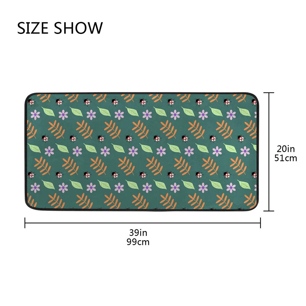 Non-Slip Memory Foam Kitchen Rug & Bathroom Mat - Soft Plush Floor Mat with Red Ladybug Design on Green Leaves (39x20 Inch) | Extra Thick, Machine Washable | Perfect for Kitchen, Bathroom, Laundry Room & Entryway