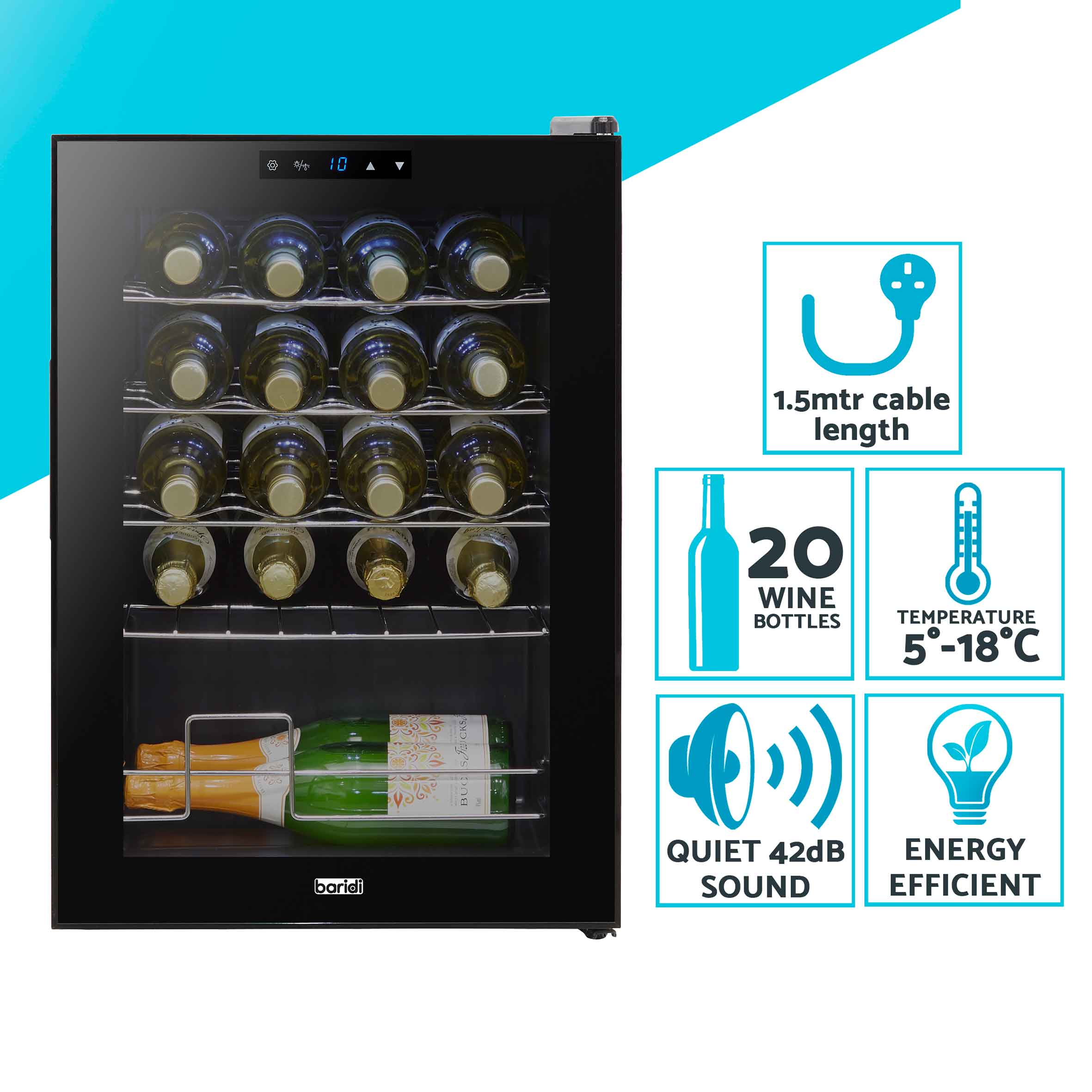 Baridi 20 Bottle Wine Cooler Refrigerator - Digital Touch Screen Control, LED Interior Lighting, Freestanding Black Wine Fridge for Home, Kitchen, Bar, or Restaurant Use