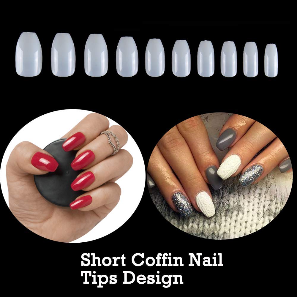 FAMEZA 100Pcs Short Acrylic Fake Nails - Coffin Shape Natural False Nail Tips with Storage Box | Full Cover Artificial Nails for Manicure, Salon, Party & Daily Wear