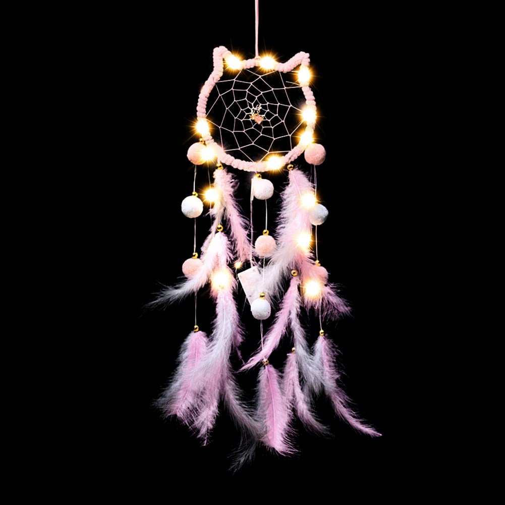 LED Light Up Feather Dream Catcher - Cat Shaped Night Light with Fairy Lights for Bedroom Decor, Kids Room, Nursery, Boho Home Ornament - Perfect Gift for Girls, Boys, Teens & Adults (Use as Wall Decor, Night Light or Spiritual Gift)