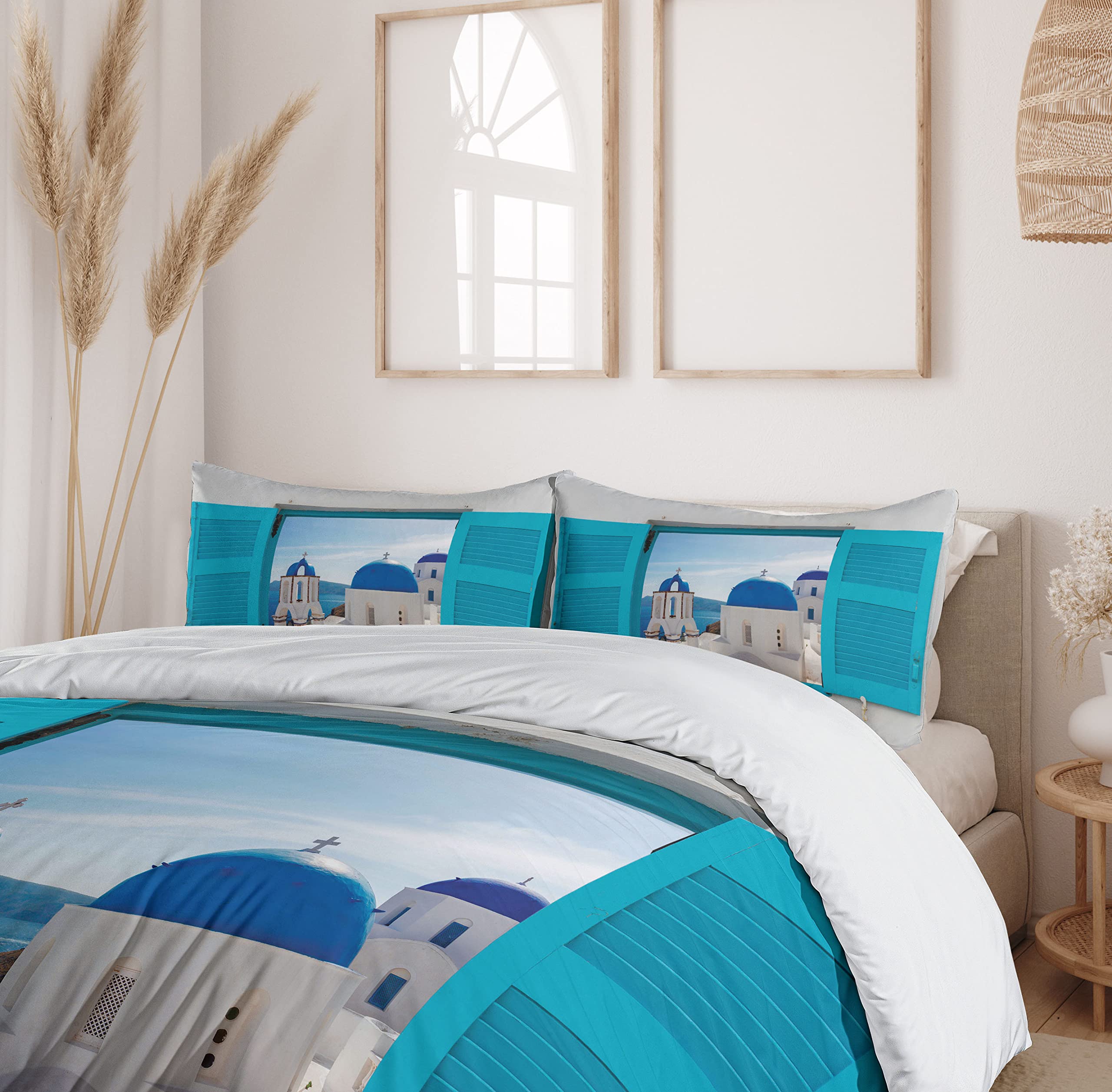 Ambesonne King Size Duvet Cover Set - 3 Piece Blue and White Landscape Bedding with Pillow Shams | Santorini Greece Travel Inspired Design | Perfect for Master Bedroom, Guest Room & Vacation Home Decor