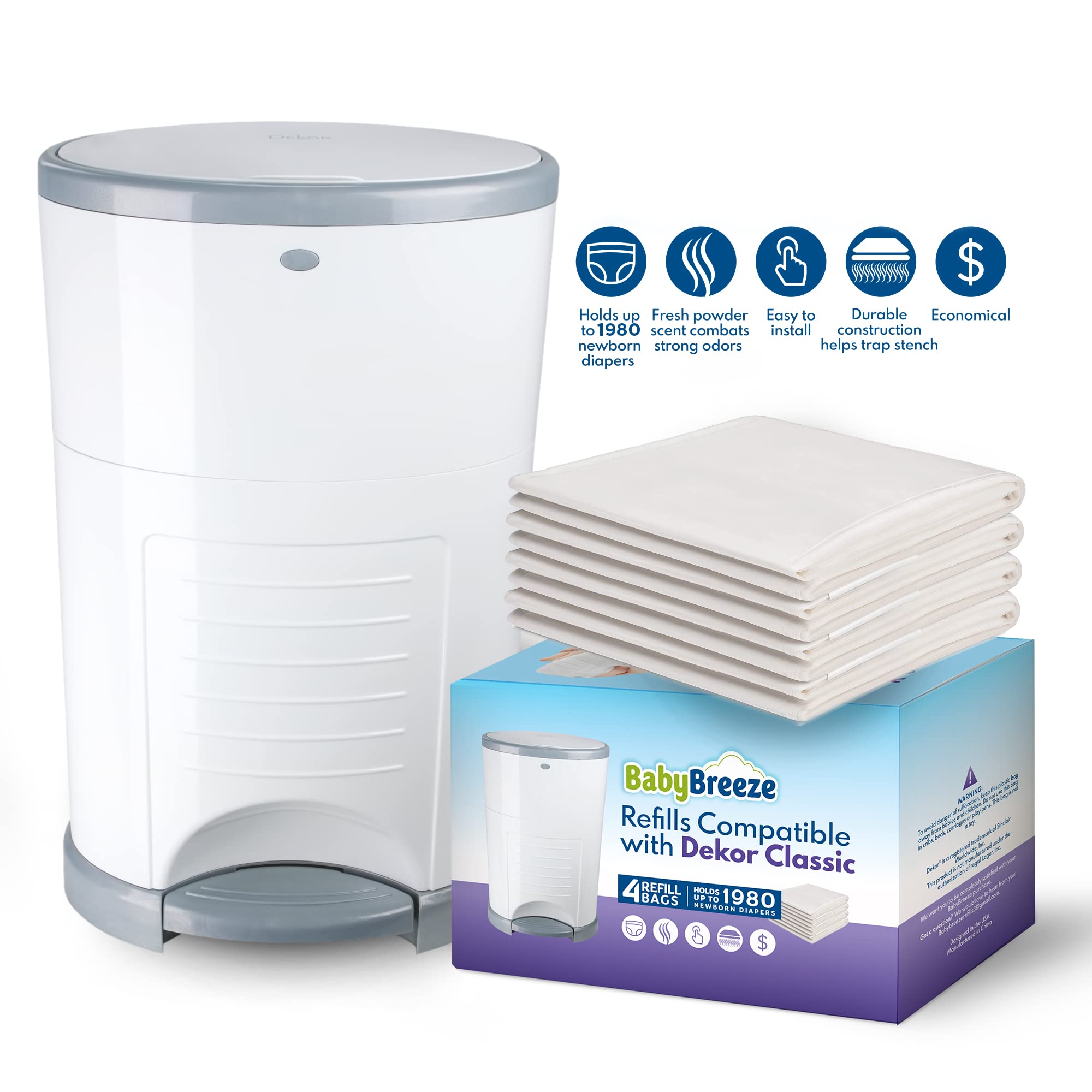 Dekor Classic Diaper Pail Refill Bags - 4 Pack | 1980 Diaper Capacity | Heavy Duty & Scented with Baby Powder | Perfect for Nursery, Daycare & Travel Use