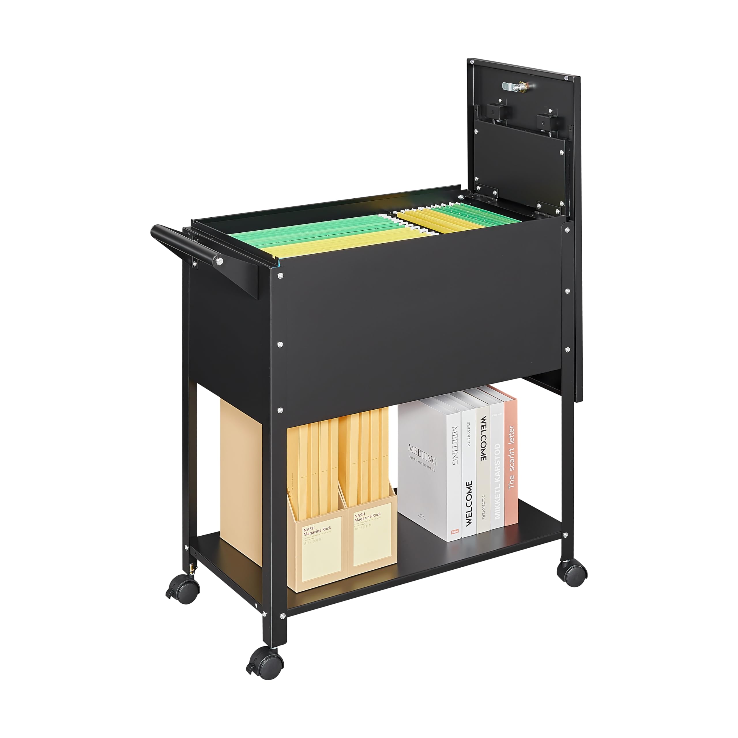 2-Tier Mobile File Cabinet with Wheels - Lockable Rolling Cart for Hanging Files, A4/Letter/Legal Size Documents - Black Office Organizer for Home & Office Workspaces