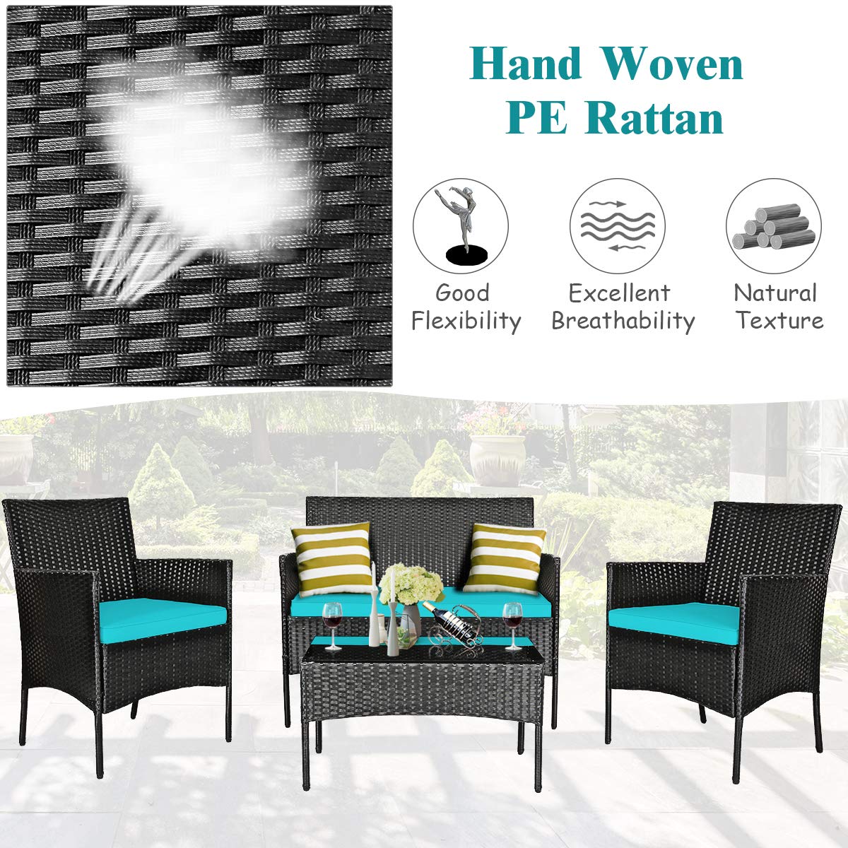 Tangkula 4-Piece Outdoor Patio Furniture Set - Wicker Conversation Set with Tempered Glass Coffee Table, Rattan Loveseat & Chairs with Cushions - Perfect for Backyard, Garden, Poolside, and Patio (Turquoise)