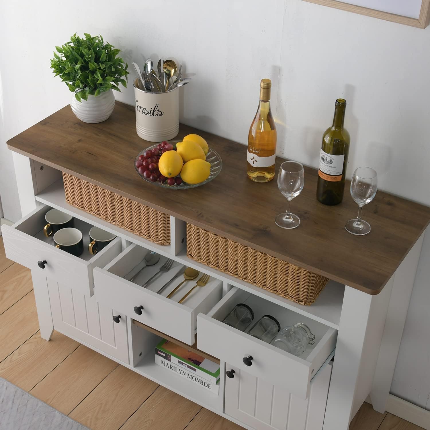 Farmhouse Coffee Bar Cabinet with Storage - 47 Inch White Buffet Cabinet with 3 Drawers, 2 Doors & Open Shelf - Kitchen Coffee Station for Living Room, Dining Room - Perfect for Entertaining Guests & Organizing Coffee Essentials