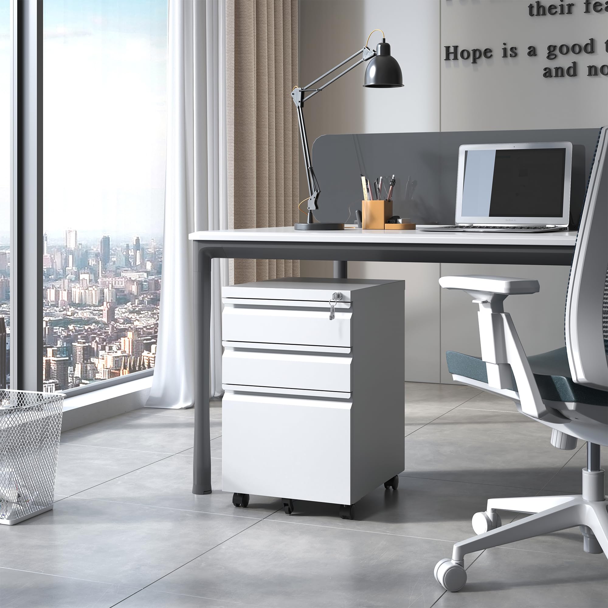 3-Drawer Mobile File Cabinet with Wheels - White Metal Under Desk Vertical Filing Cabinet with Lock, Fully Assembled for Home & Office - Fits Letter, Legal & A4 Size Folders - Perfect for Small Spaces & Organized Workspaces