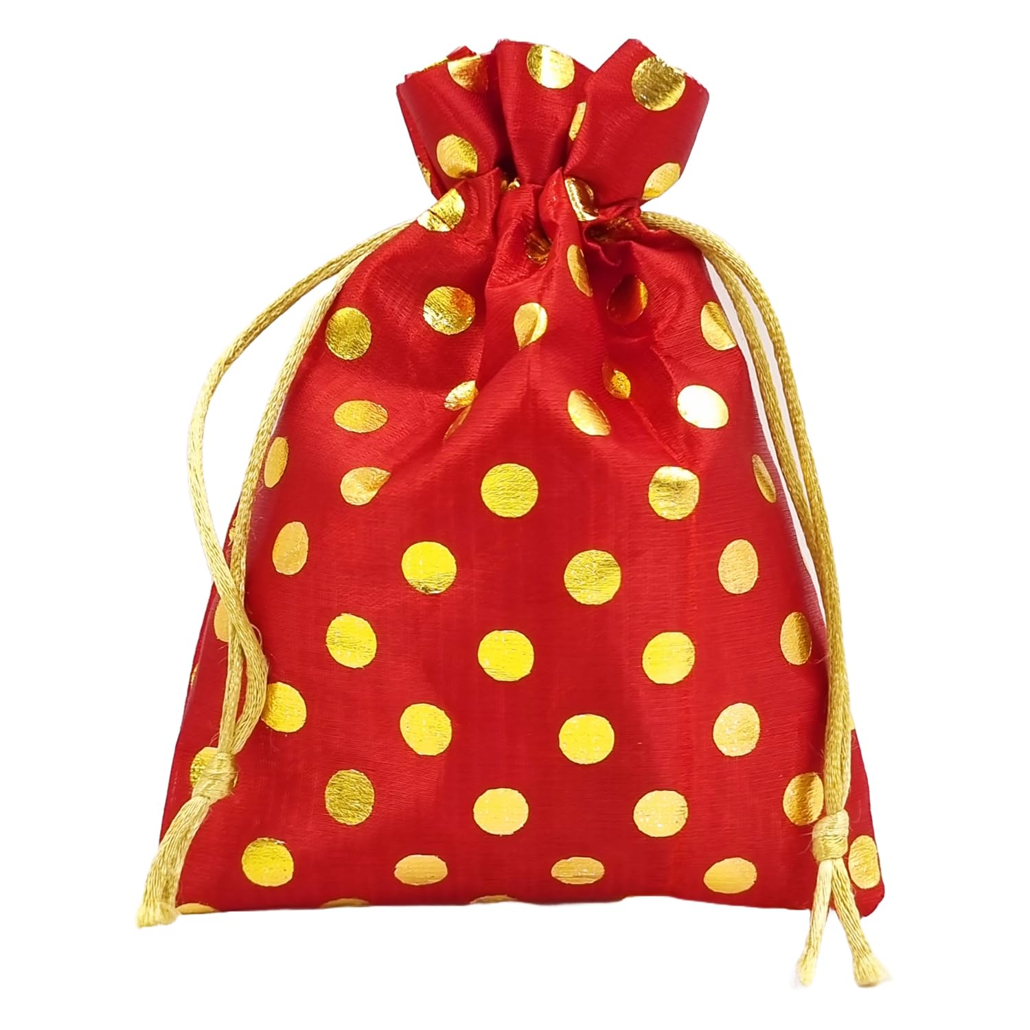 Soul Artisan Red Polka Dot Drawstring Pouches for Women - 12x18cm Pack of 10 | Wedding Favor Bags, Baby Shower Gifts, Jewelry & Dry Fruit Packaging | Perfect for Bridal Parties, Haldi Ceremonies & Return Gifts