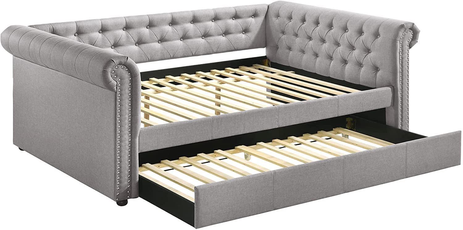 Harper & Bright Designs Upholstered Twin Daybed with Trundle - Twin Size Bed with Slat Support, Nailhead Trim & Rolled Arms - Convertible Sofa Bed for Living Room, Bedroom or Guest Room (Smoke Gray Fabric) - Perfect for Small Spaces & Sleepovers