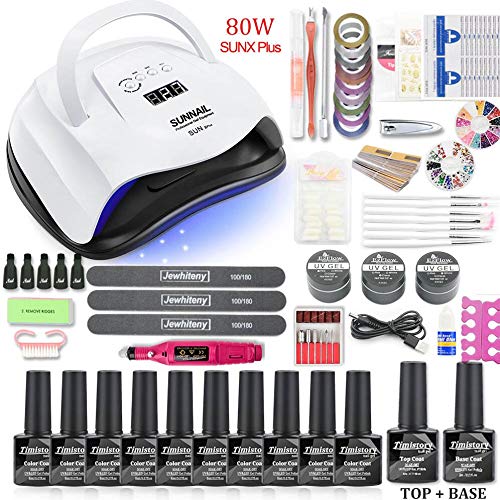 36W/48W/80W LED UV Nail Lamp Kit with 12 Color Gel Polish Set - Professional Manicure & Acrylic Nails Art Tools (80W SUNX PLUS) for Home Salon, DIY Nail Art, Gel Curing & Nail Extension