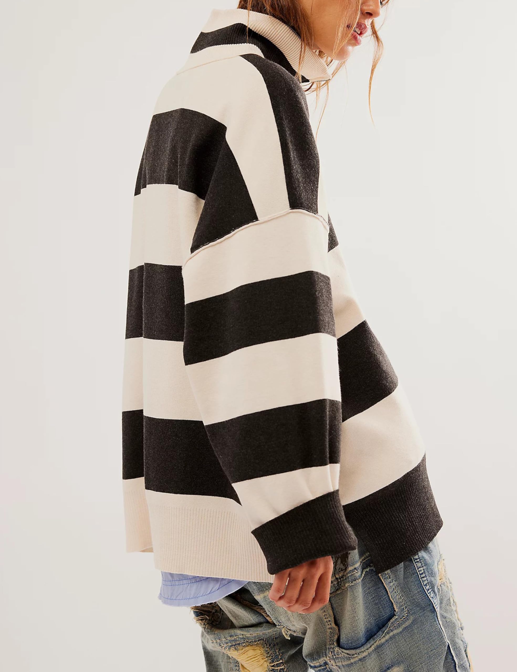 Women's Lightweight Quarter Zip Striped Oversized Knitted Pullover Sweater - Loose Fit Casual Sweater Top for Fall & Winter | Cozy Layering, Outdoor Activities, Office Wear