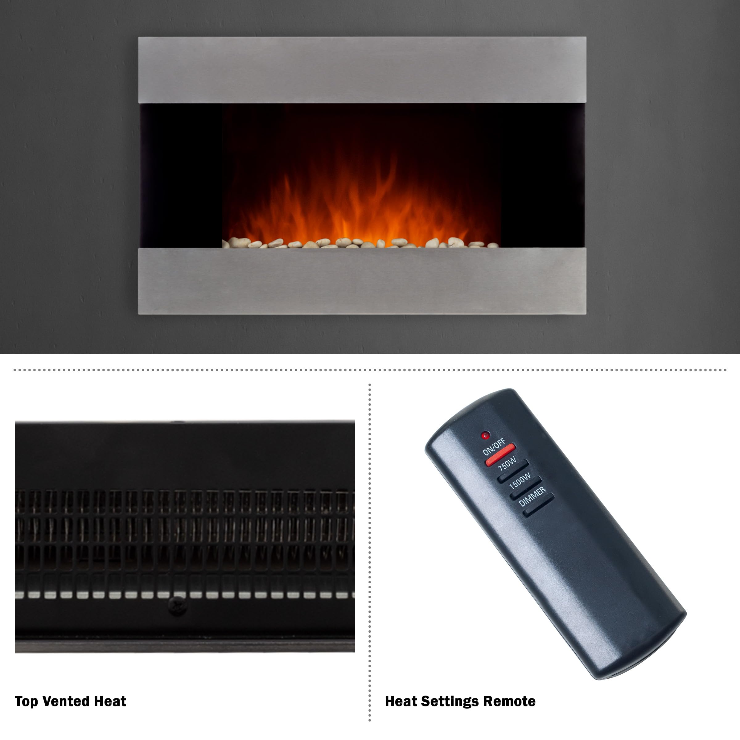 36-Inch Wall Mounted Electric Fireplace - Modern Stainless Steel Fireplace Heater with Remote Control, Adjustable Flame & Temperature, Floor Stand - Perfect for Living Room, Bedroom & Office Decor