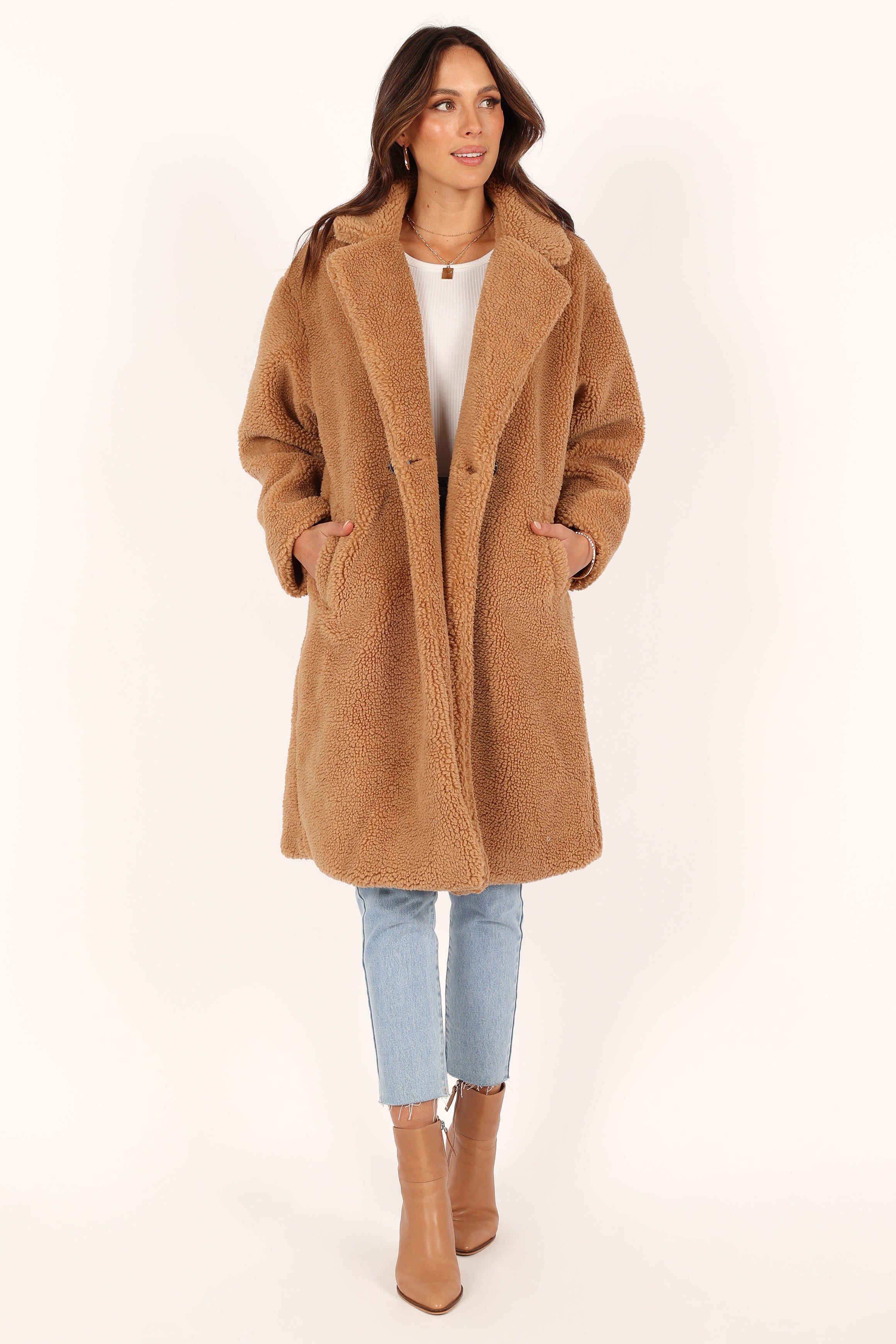 Beatrice Women's Faux Fur Coat - Soft Winter Jacket with Hood, Camel Color | Warm Cozy Outerwear for Casual Outings & Holiday Parties