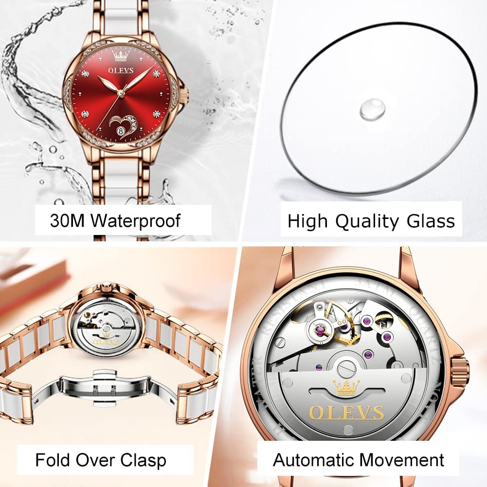 OLEVS Women's Automatic Watch - Premium Large Face Diamond Accented Self Winding Ladies Watch, Fashion Waterproof Dress Watch with Two Tone Stainless Steel & Ceramic Bracelet | Perfect for Business, Party & Everyday Wear