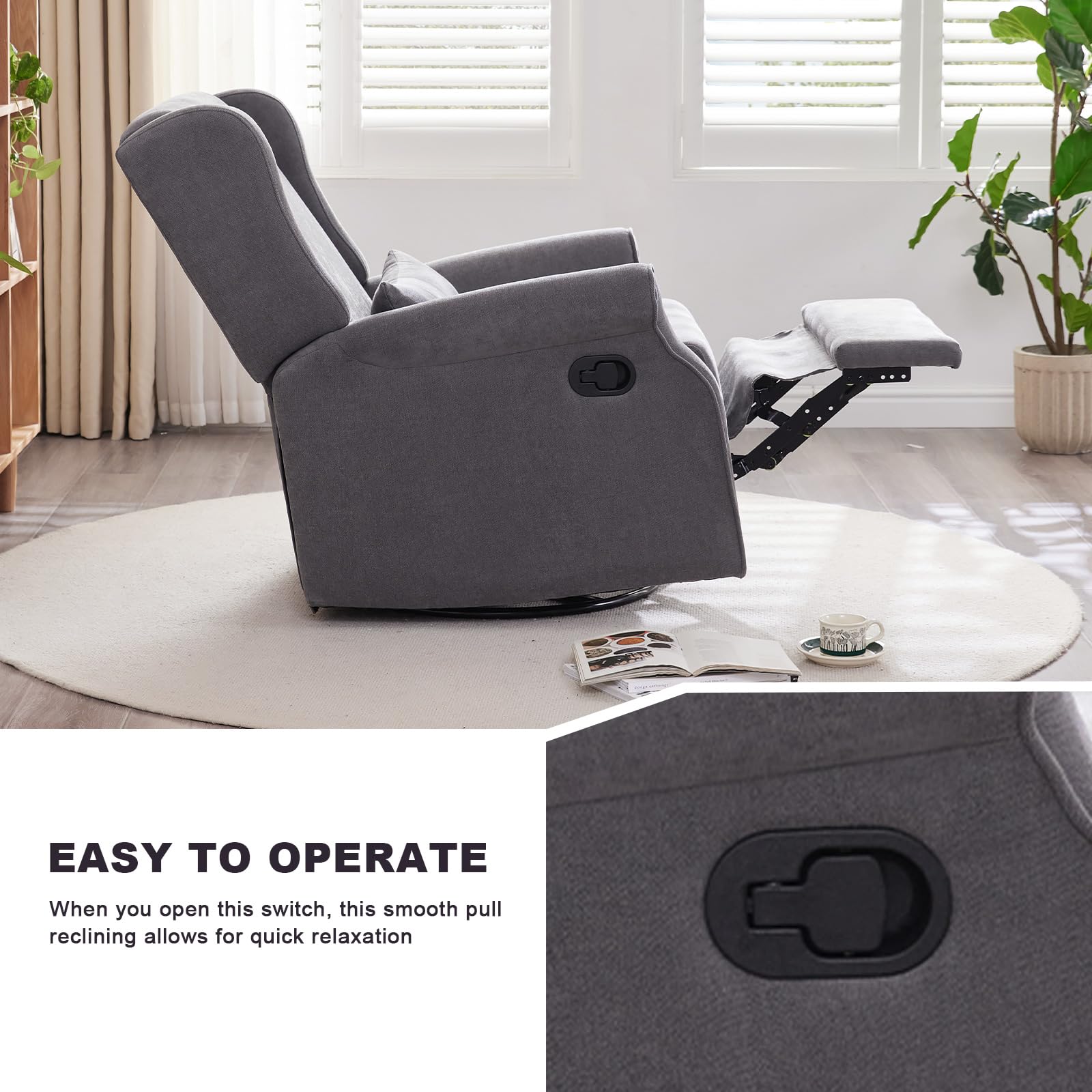 360° Swivel Nursery Glider Chair with Footrest - Manual Reclining Rocking Chair for Nursing Mothers, Baby Room & Living Room - Comfortable Grey Upholstered Glider for Breastfeeding, Relaxation & Nursery Decor