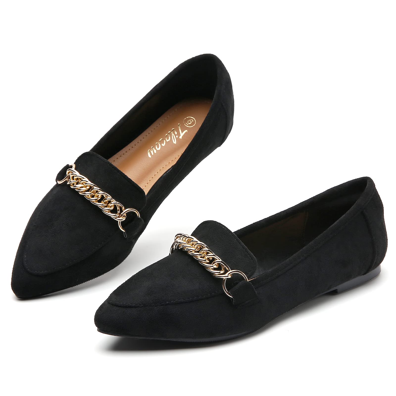 Tilocow Women's Pointy Toe Chain Link Loafers - Slip On Ballet Flats Comfortable Smoking Shoes for Work & Evening Out