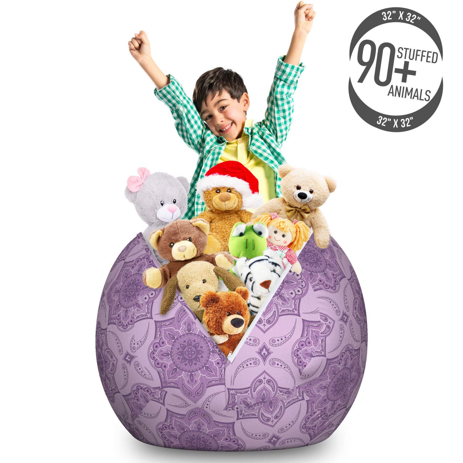 Ambesonne Oriental Storage Toy Bag Chair - Monochrome Folkloric Motif Design, Large Washable Stuffed Animal Organizer in Pastel Purple Mauve | Kids Room Decor, Nursery Storage, Playroom Organization