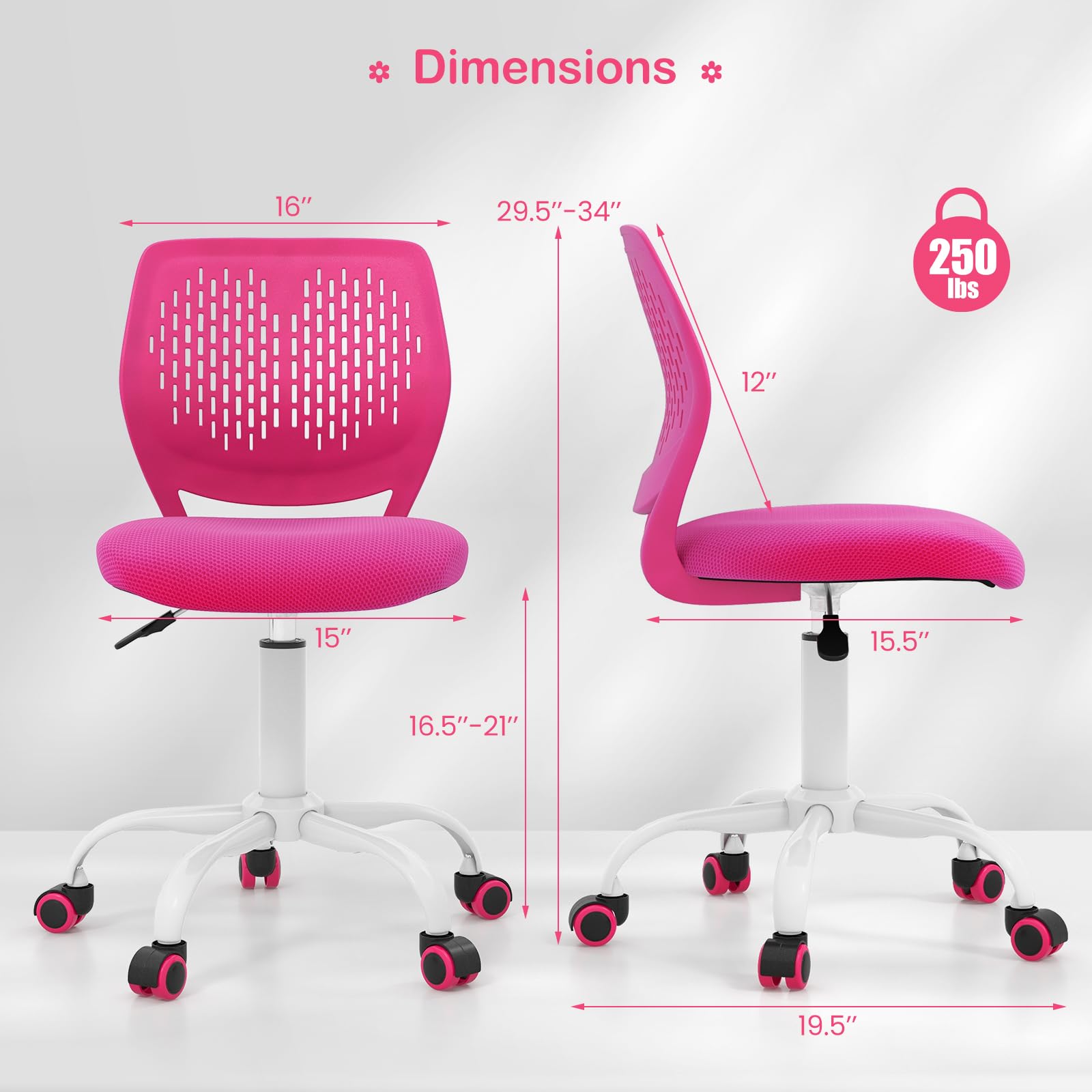 Giantex Adjustable Kids Study Chair - Ergonomic Swivel Mesh Desk Chair for Children with Height Adjustment & Lumbar Support - Perfect for Homework, Online Classes & Computer Use (Rose)