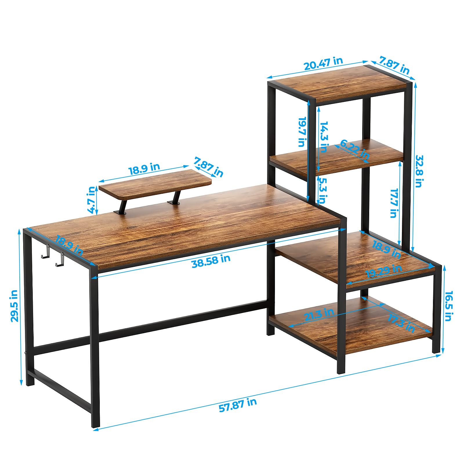 GreenForest 58 Inch Computer Desk with Printer Shelf & Monitor Stand - Reversible Office Desk with 2 Hooks, Sturdy Home Workstation for Study, Writing, Working & Gaming - Perfect for Small Spaces & Home Offices (Brown)