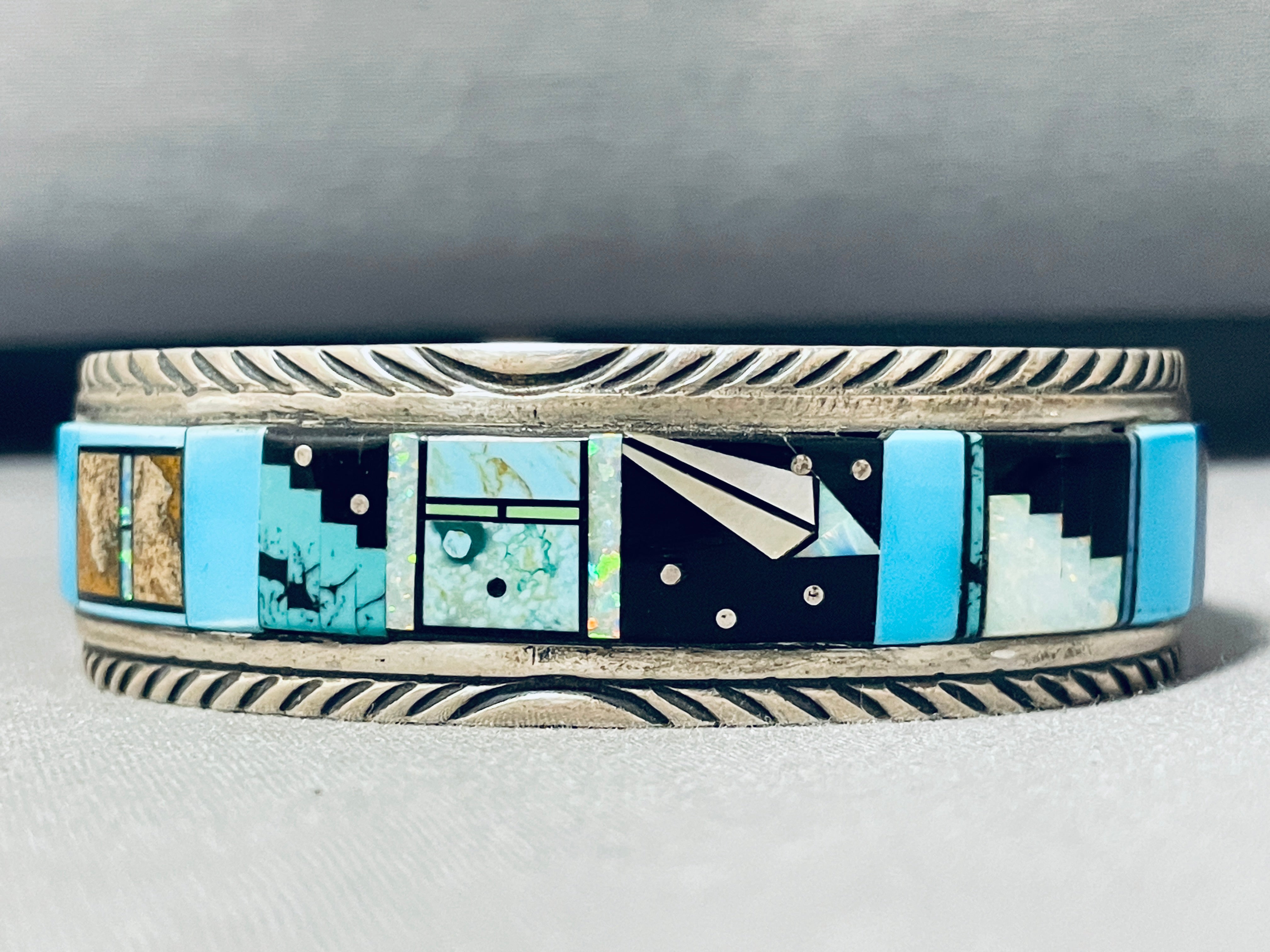 7 Inch Native American Navajo Inlay Bracelet - Turquoise, Jet & Lapis Sterling Silver Cosmic Design | Handmade Jewelry for Women, Boho Fashion Accessory, Gift for Her, Spiritual & Festival Wear