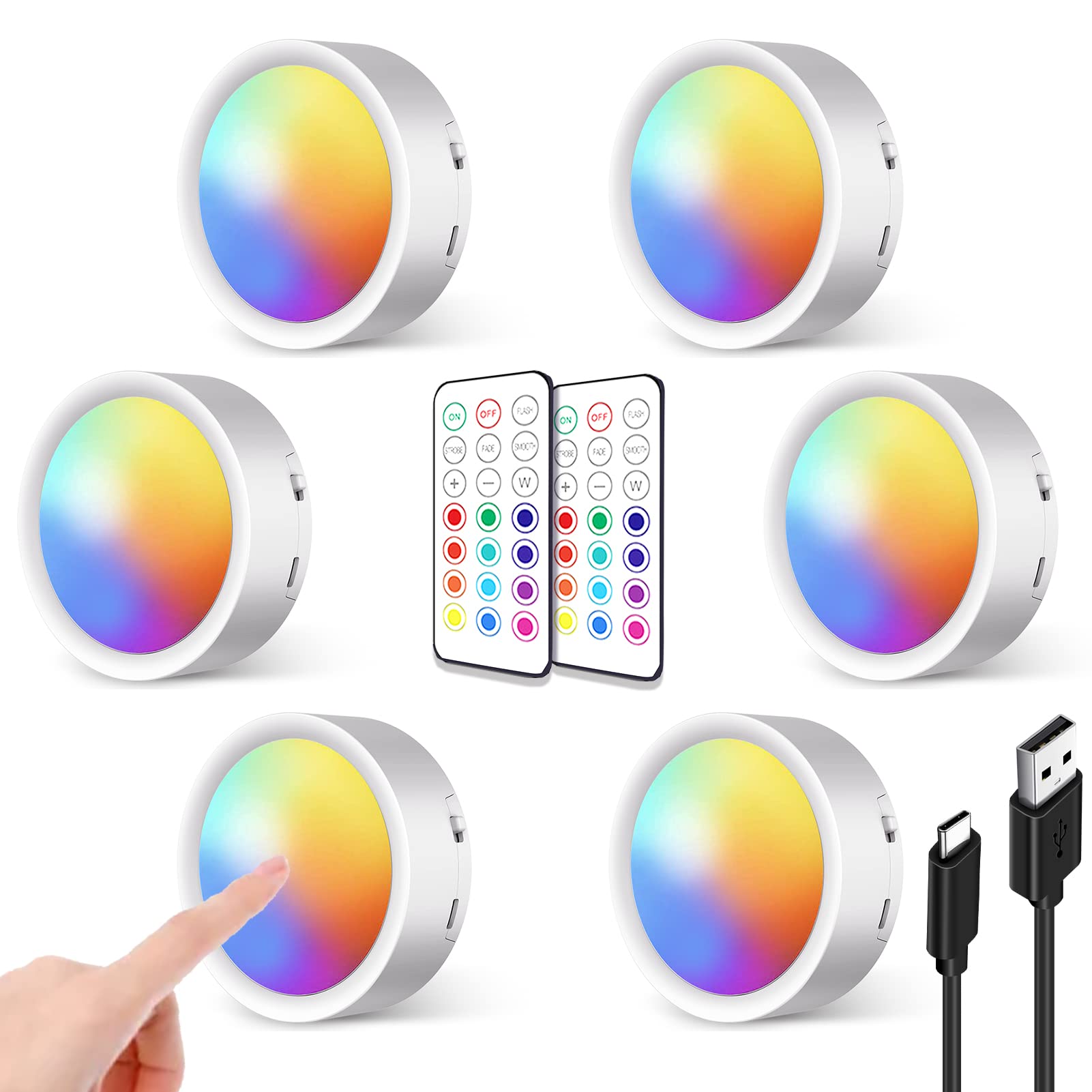 USB Rechargeable RGB Puck Lights with Remote - 16 Color Changing LED Under Cabinet Lights, 1000mAh Battery Powered, Wireless Magnetic Push Lights for Closet, Shelf, Classroom | Dimmable Touch Control for Kitchen, Bedroom, Stairs