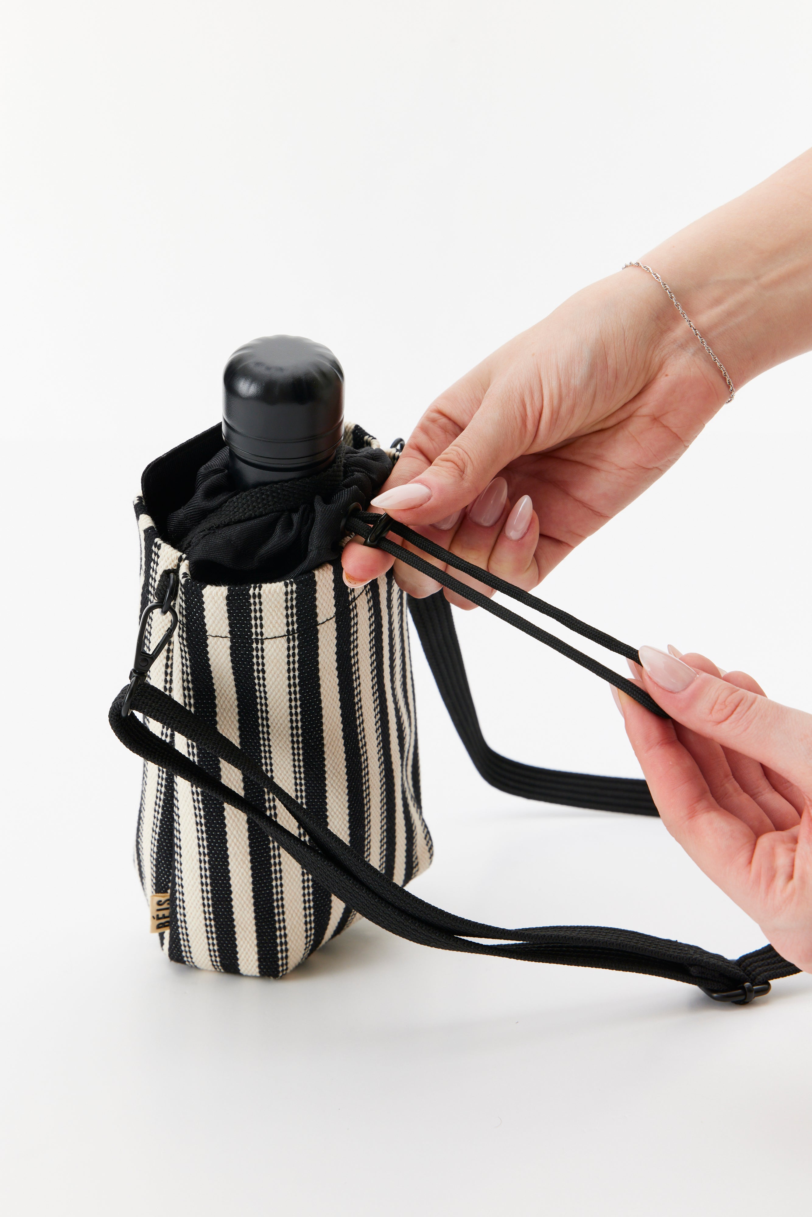 Black Stripe Crossbody Water Bottle - Leak-Proof & Hands-Free Hydration for Hiking, Gym & Travel