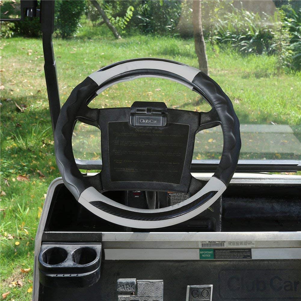 Premium PU Leather Microfiber Anti-Slip Golf Cart Steering Wheel Cover for Club Car - Black & Grey | Comfort Grip & Enhanced Control for Golf Carts, Utility Vehicles & Neighborhood Cruisers