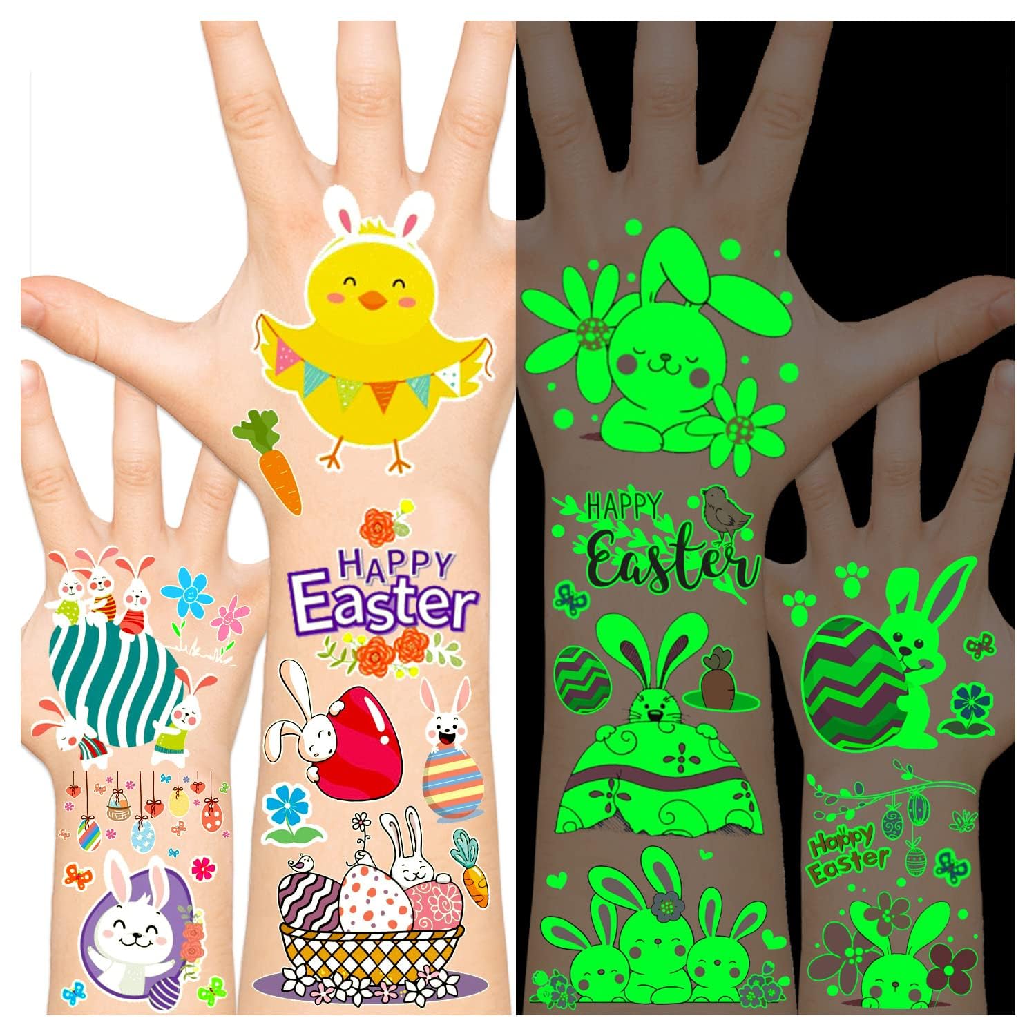 Glow-in-the-Dark Easter Temporary Tattoos for Kids - 24-Pack Fun Luminous Stickers, Easter Basket Stuffers, Party Favors & Gift Fillers - Perfect for Easter Egg Hunts, Classroom Rewards & Spring Celebrations