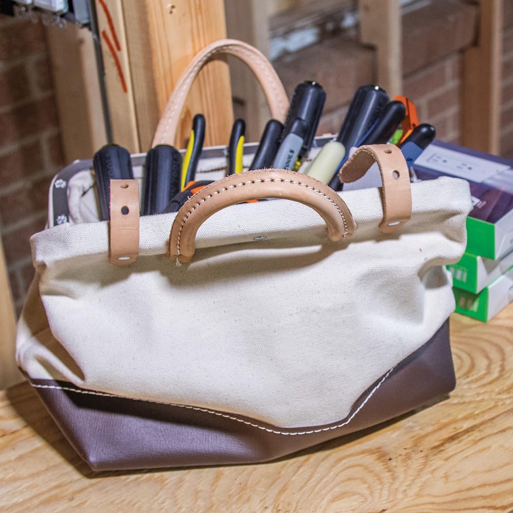 Klein Tools 5102-14 Heavy Duty Natural Canvas Tool Bag - 14-Inch Multi-Purpose Tool Tote with Wide Hinged Opening & Leather Handles | Perfect for Electricians, Contractors & DIY Home Improvement Projects