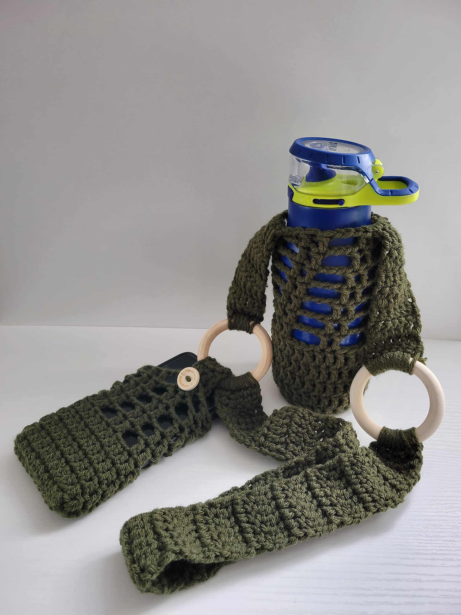 Adjustable Crossbody Water Bottle Holder with Phone Pocket - Handmade Crochet Bottle Carrier for Hiking, Gym & Travel (Blue) - Perfect for Outdoor Activities, Workouts and Daily Commute