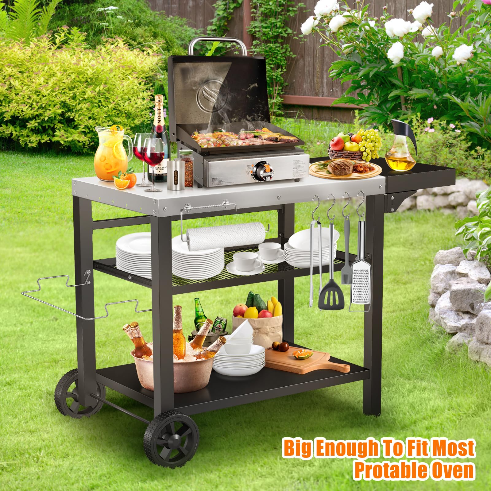 Portable Grill Cart with 3-Tier Shelves - Outdoor BBQ Table for Ninja Woodfire, Blackstone Griddle & Ooni Pizza Oven - Movable Kitchen Cart with Storage Drawer - Perfect for Backyard Cooking, Patio Dining & Camping Trips