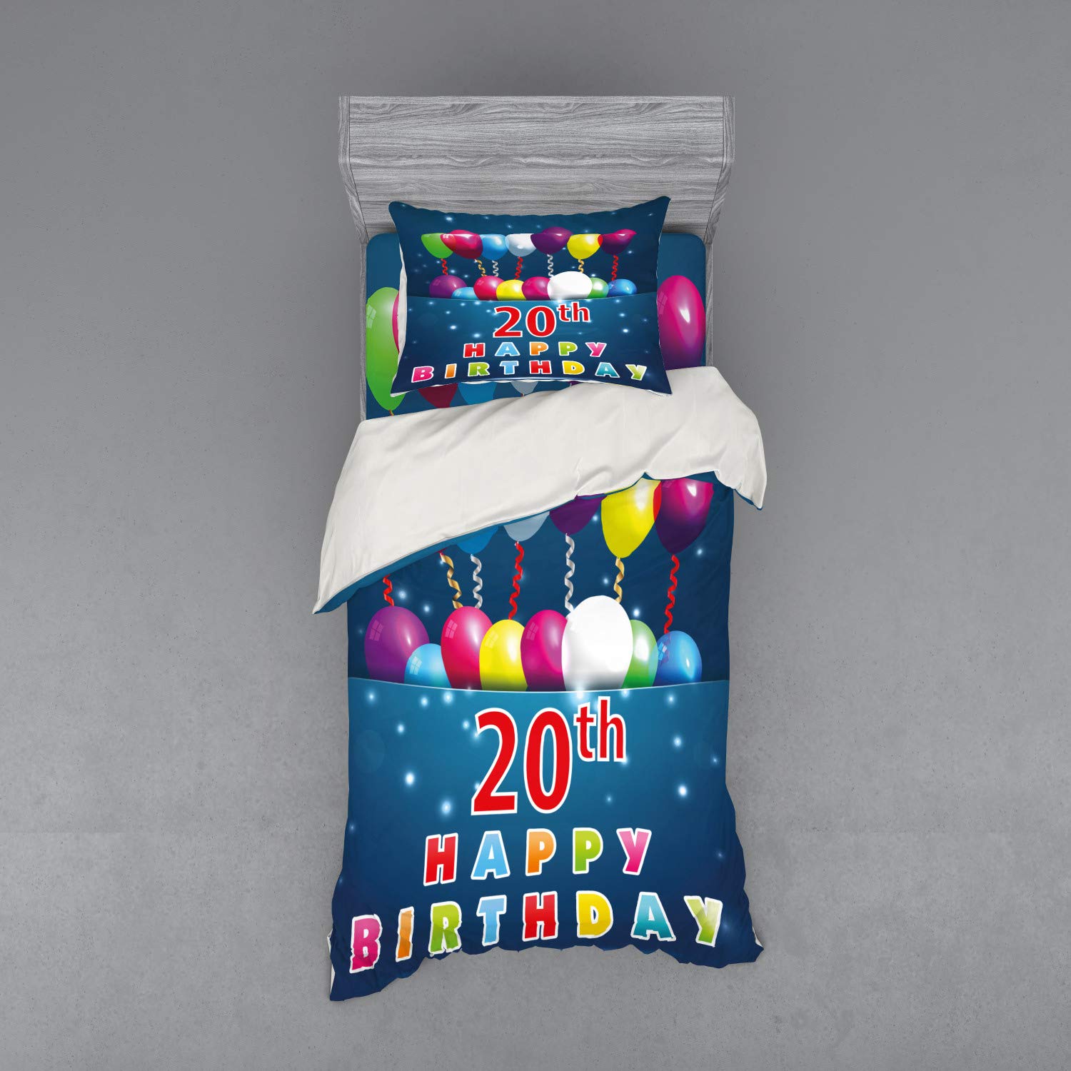 Ambesonne 20th Birthday Bedding Set - 3 Piece Twin XL Duvet Cover with Sham & Fitted Sheet - Colorful Balloons on Blue Backdrop Print - Perfect for Birthday Parties & Teen Bedroom Decor