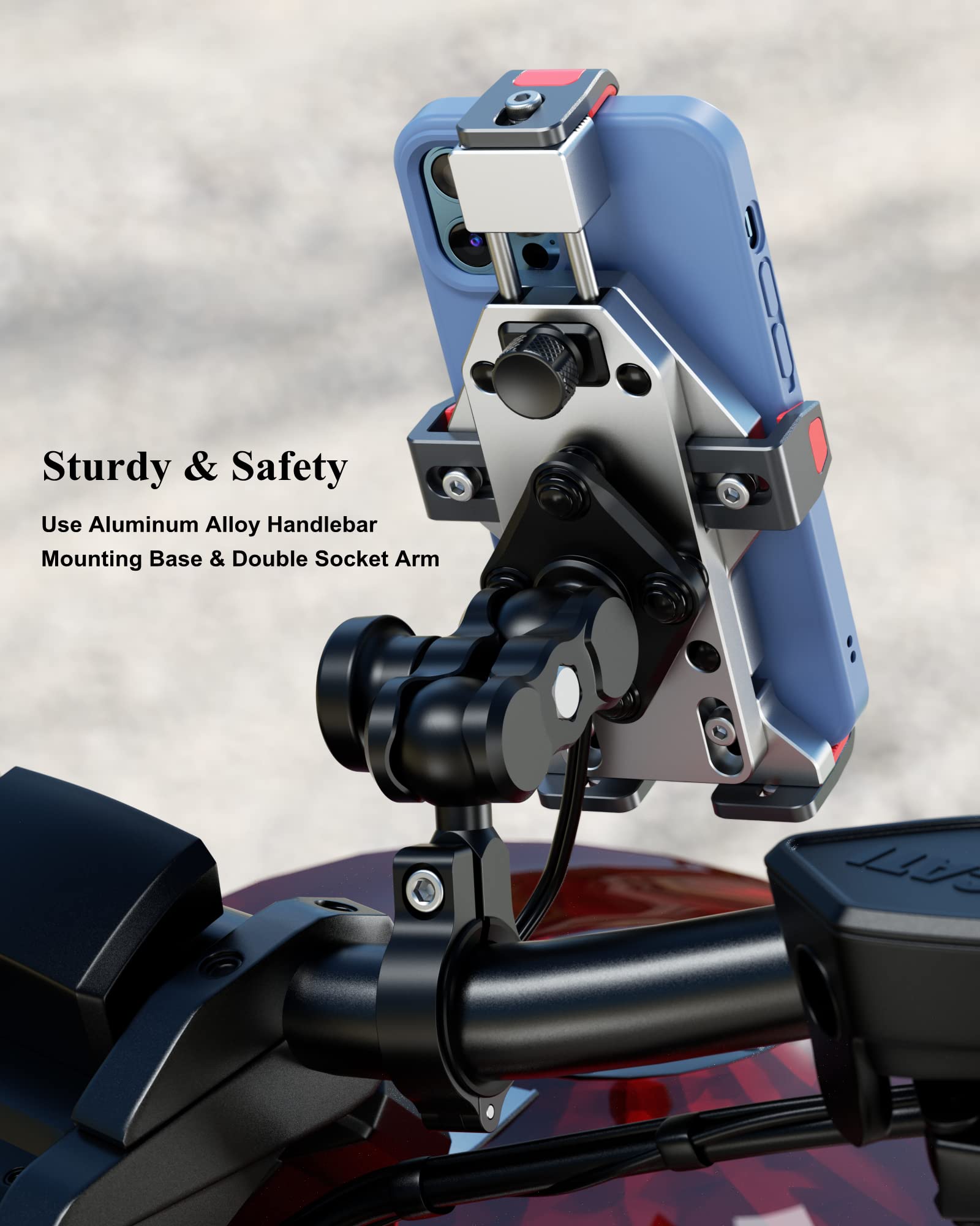 BRCOVAN Motorcycle Phone Mount with 15W Qi Wireless Charger & Vibration Dampener - Aluminum Alloy Anti-Theft Waterproof Handlebar Smartphone Holder for 4.7