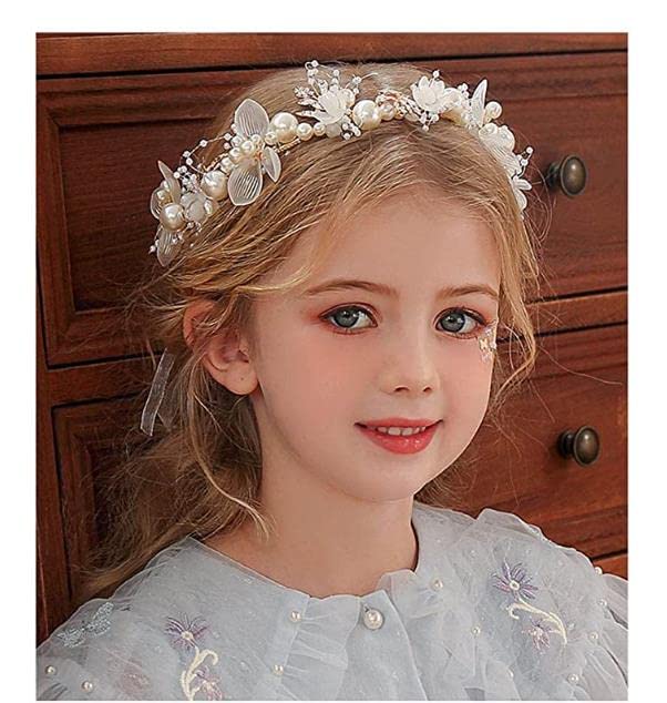 DRERIO Delicate Pearl Flower Girl Headband - Fairy Floral Wedding Hair Accessories, White Crystal Head Vines Crown for Bridesmaids, Flower Girls - Perfect for Weddings, Christmas, Festivals & Special Occasions