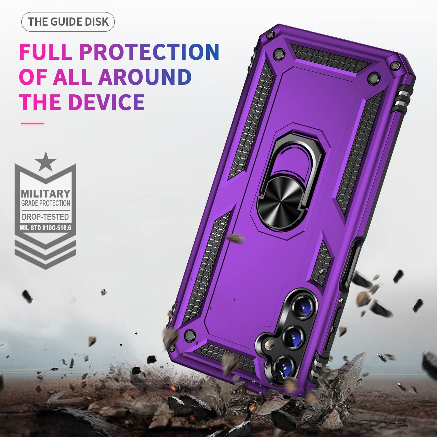 Samsung Galaxy A14 5G Case with Screen Protector (2 Pack) - Military Grade Shockproof Phone Cover, Magnetic Ring Kickstand, 16ft Drop Tested - Purple | Perfect for Outdoor Activities, Travel & Daily Protection
